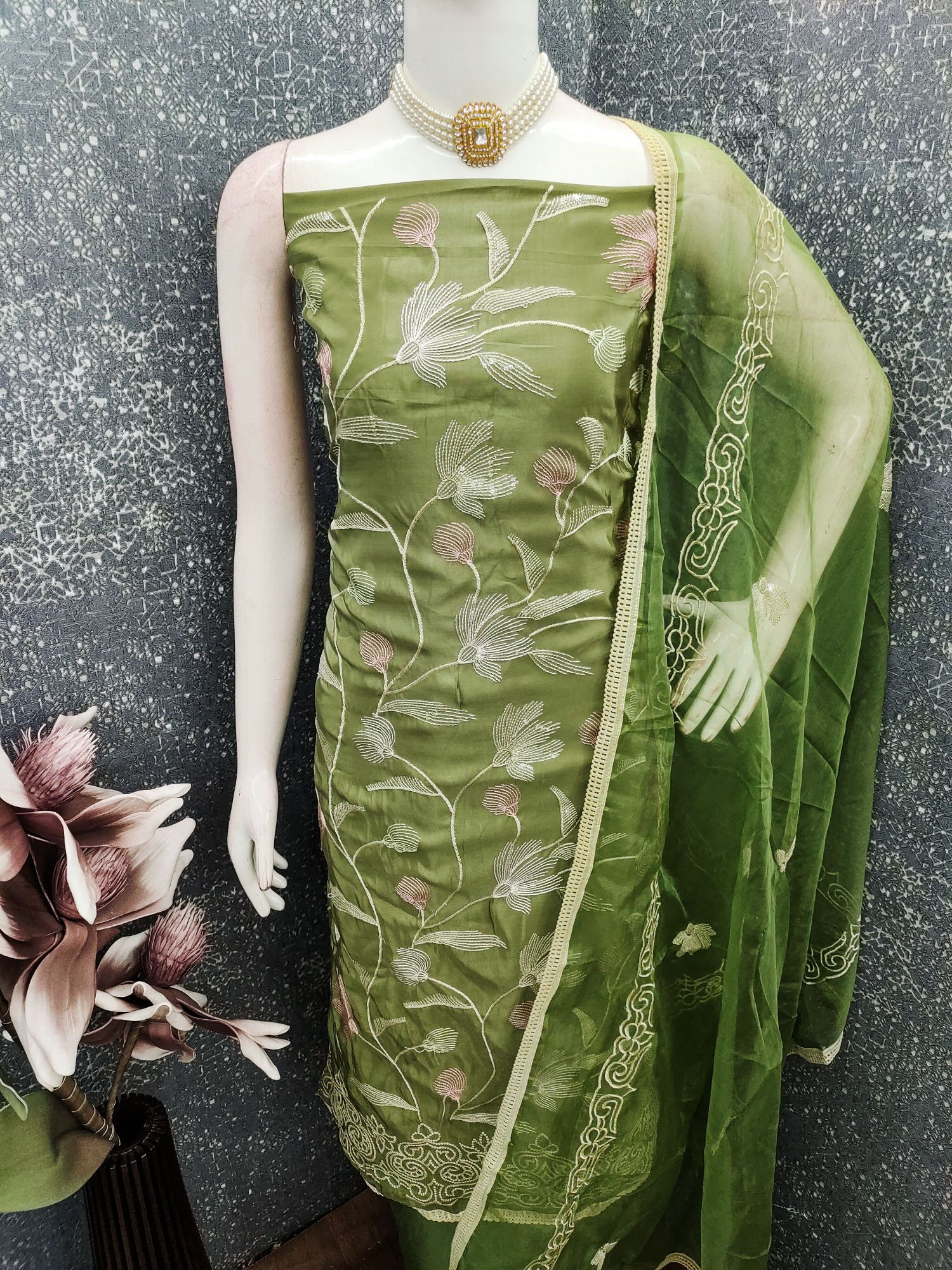 Green Thread work Embroidered Glass Cotton Salwar Suit
