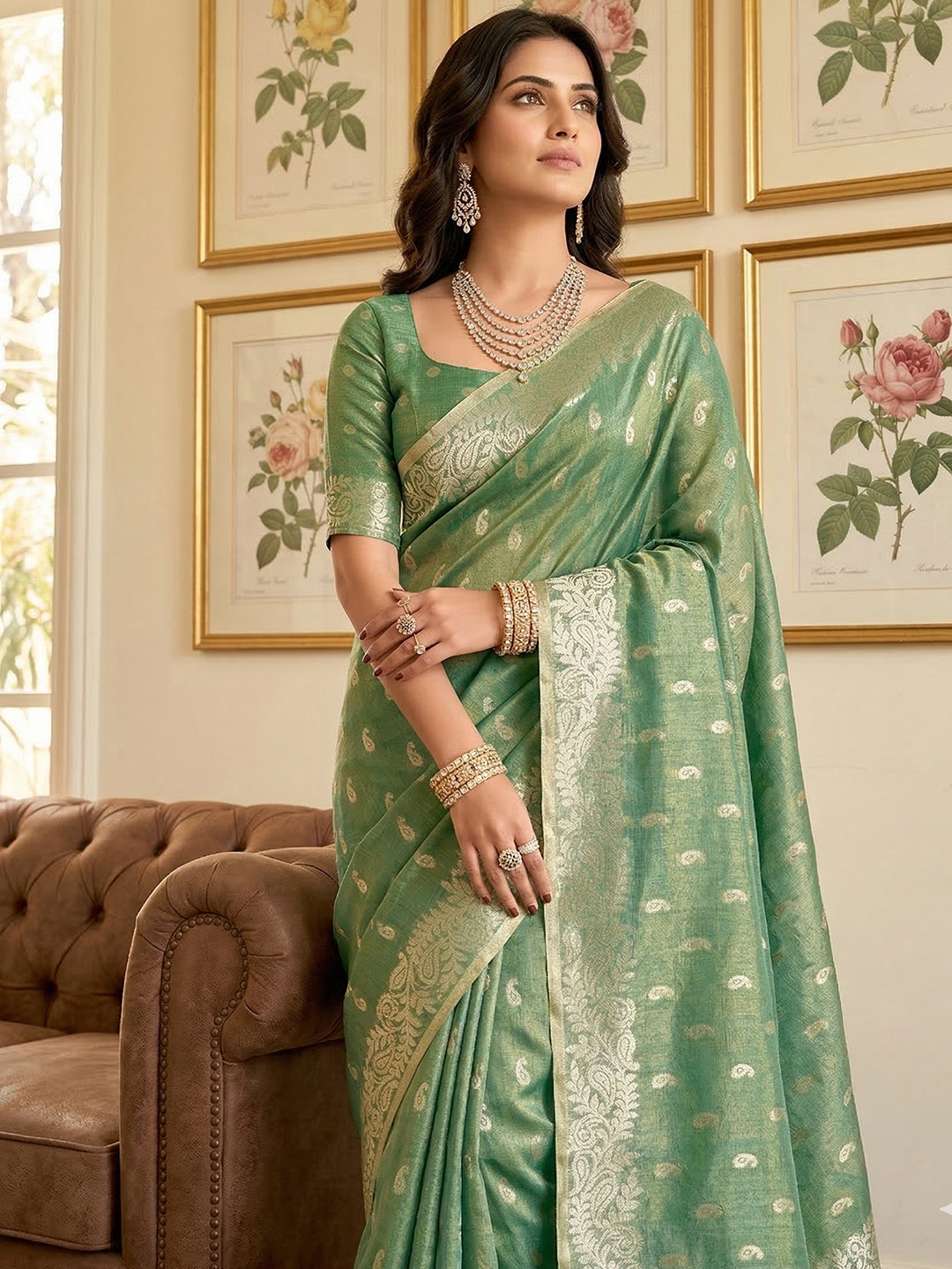 Green Tissue Silk Woven Designer Saree