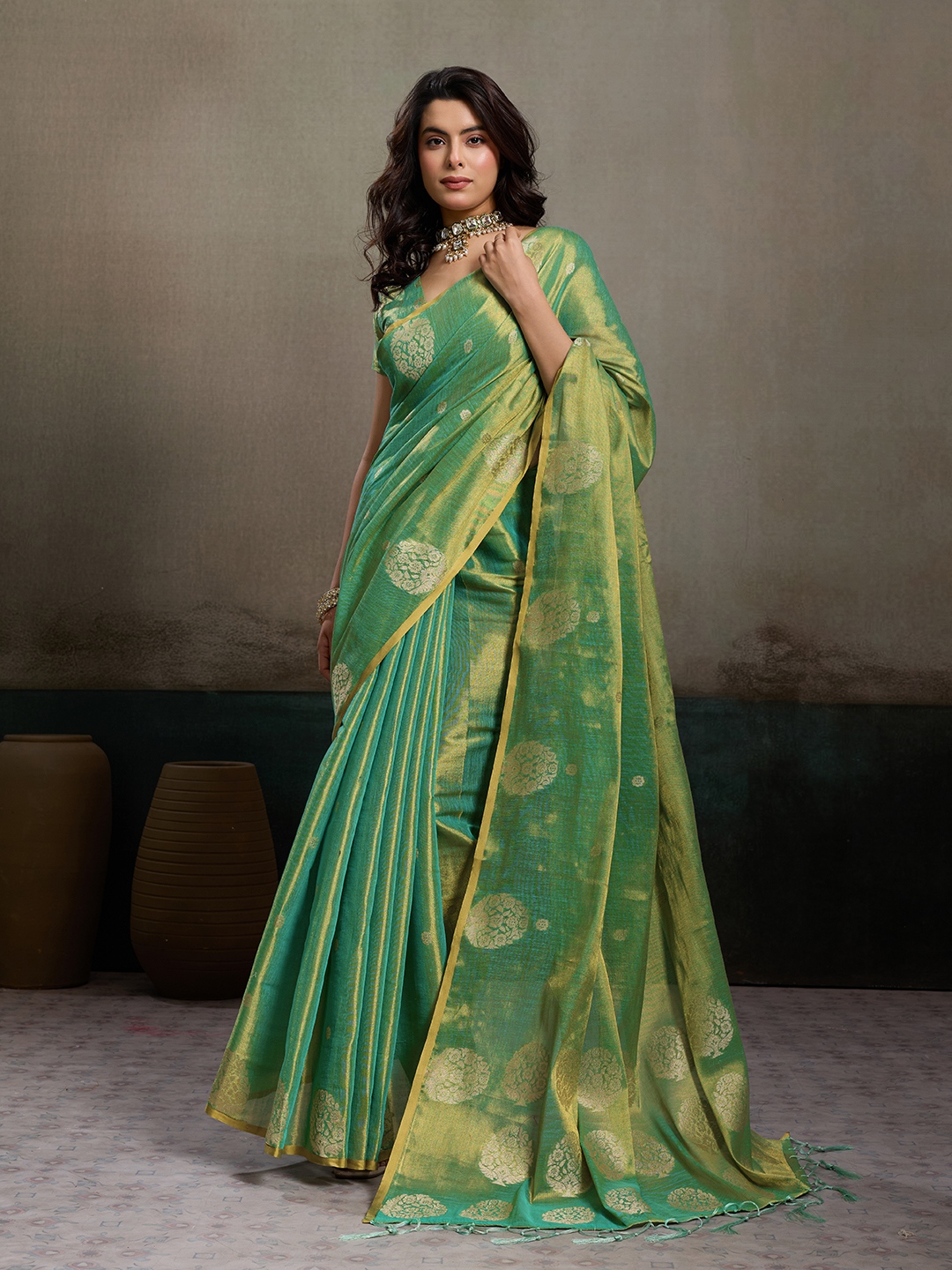 Green Tissue Silk Woven Designer Saree
