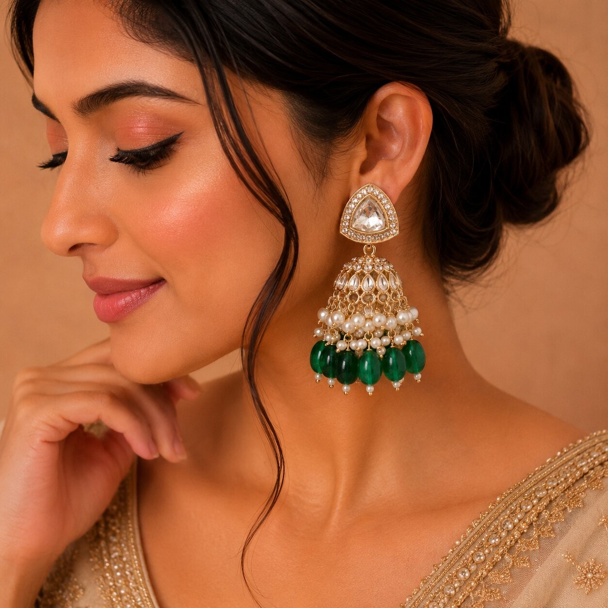 Green Triangle Kundan Pearl Jhumka Earrings