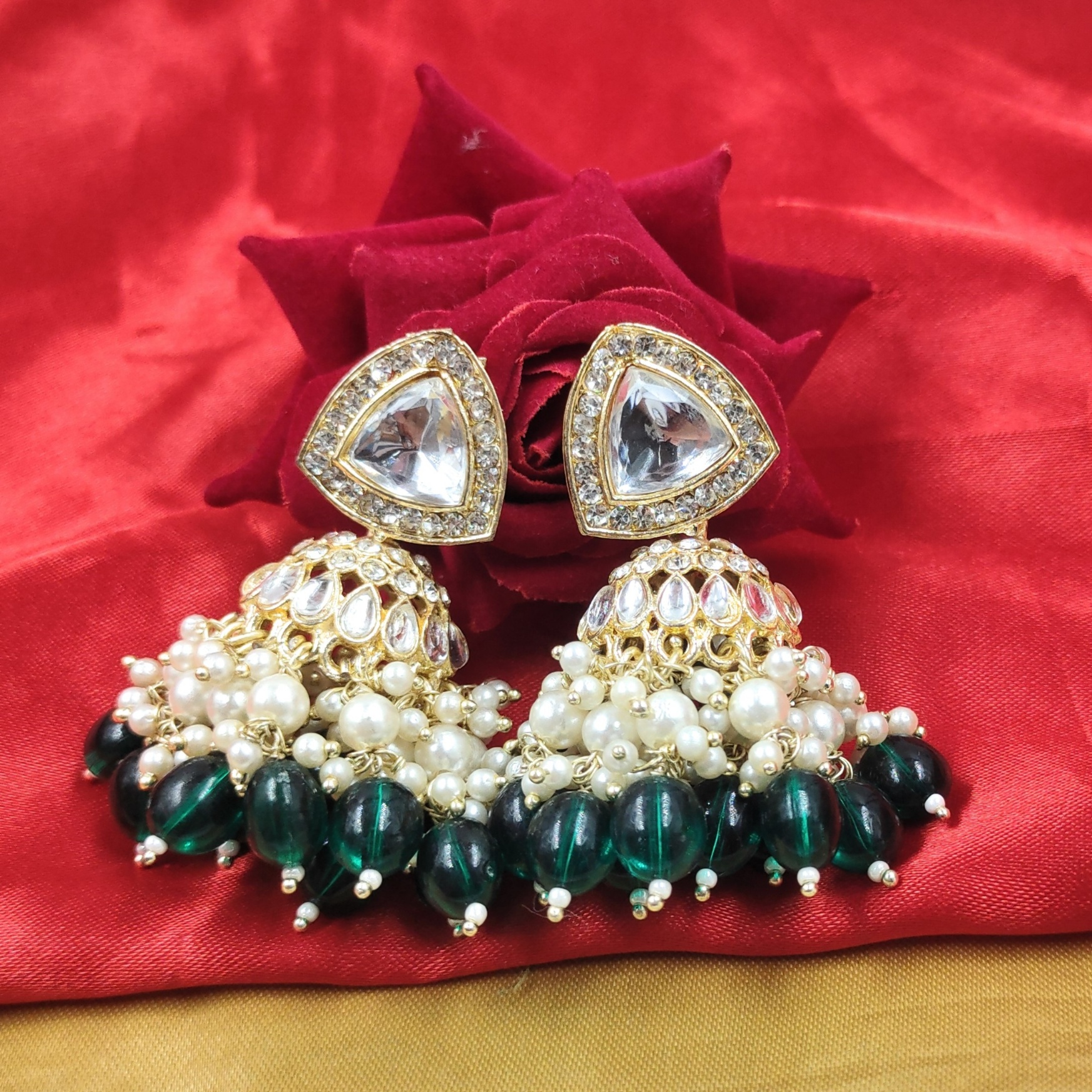 Green Triangle Kundan Pearl Jhumka Earrings — alternate view