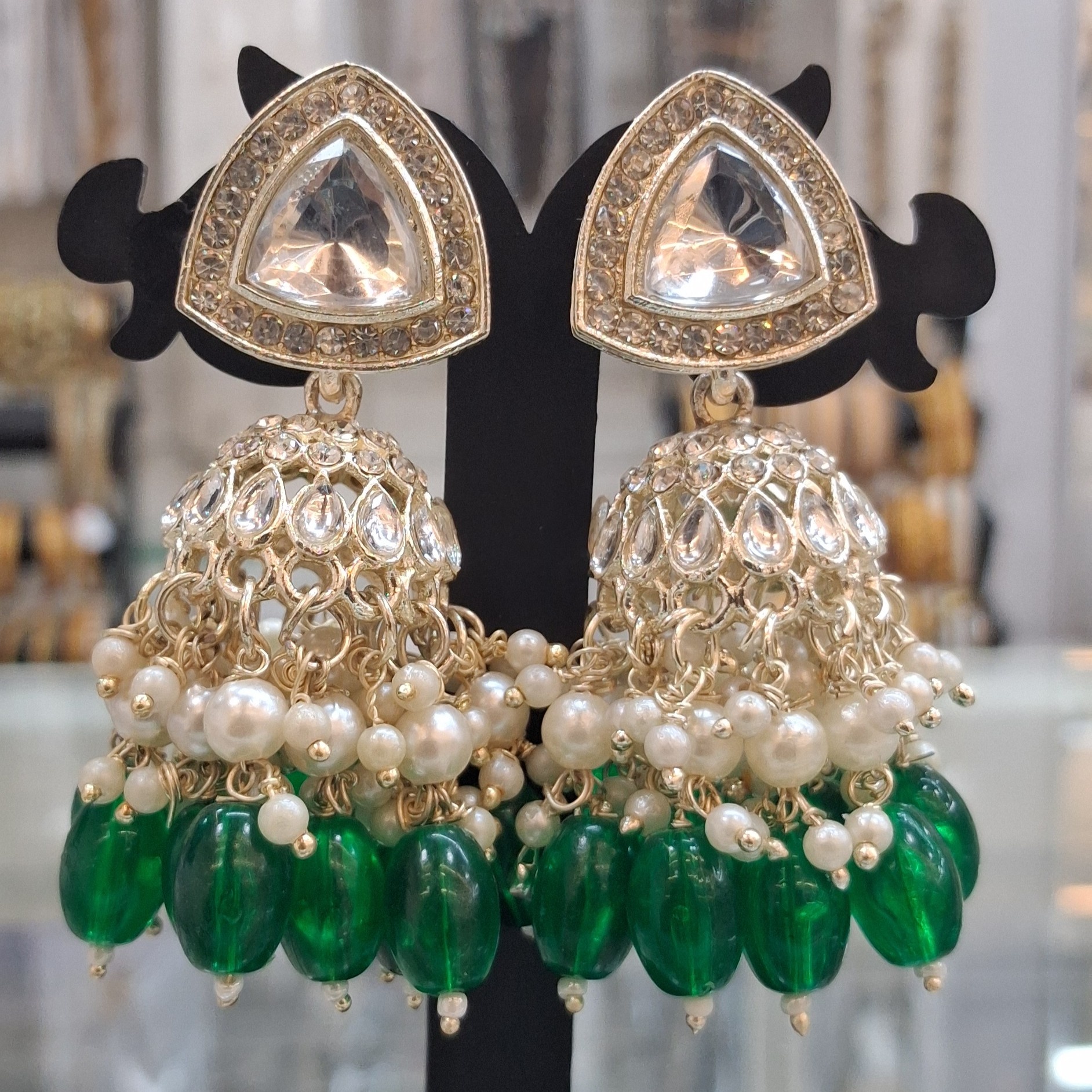 Green Triangle Kundan Pearl Jhumka Earrings