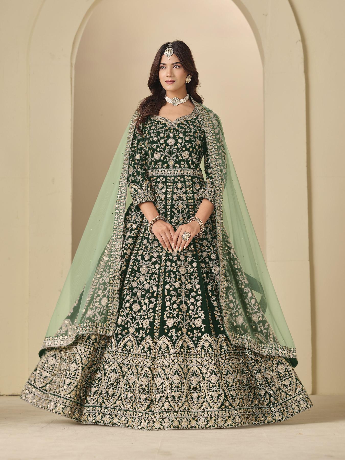 Green Velvet Designer Embroidered Anarkali Suit
