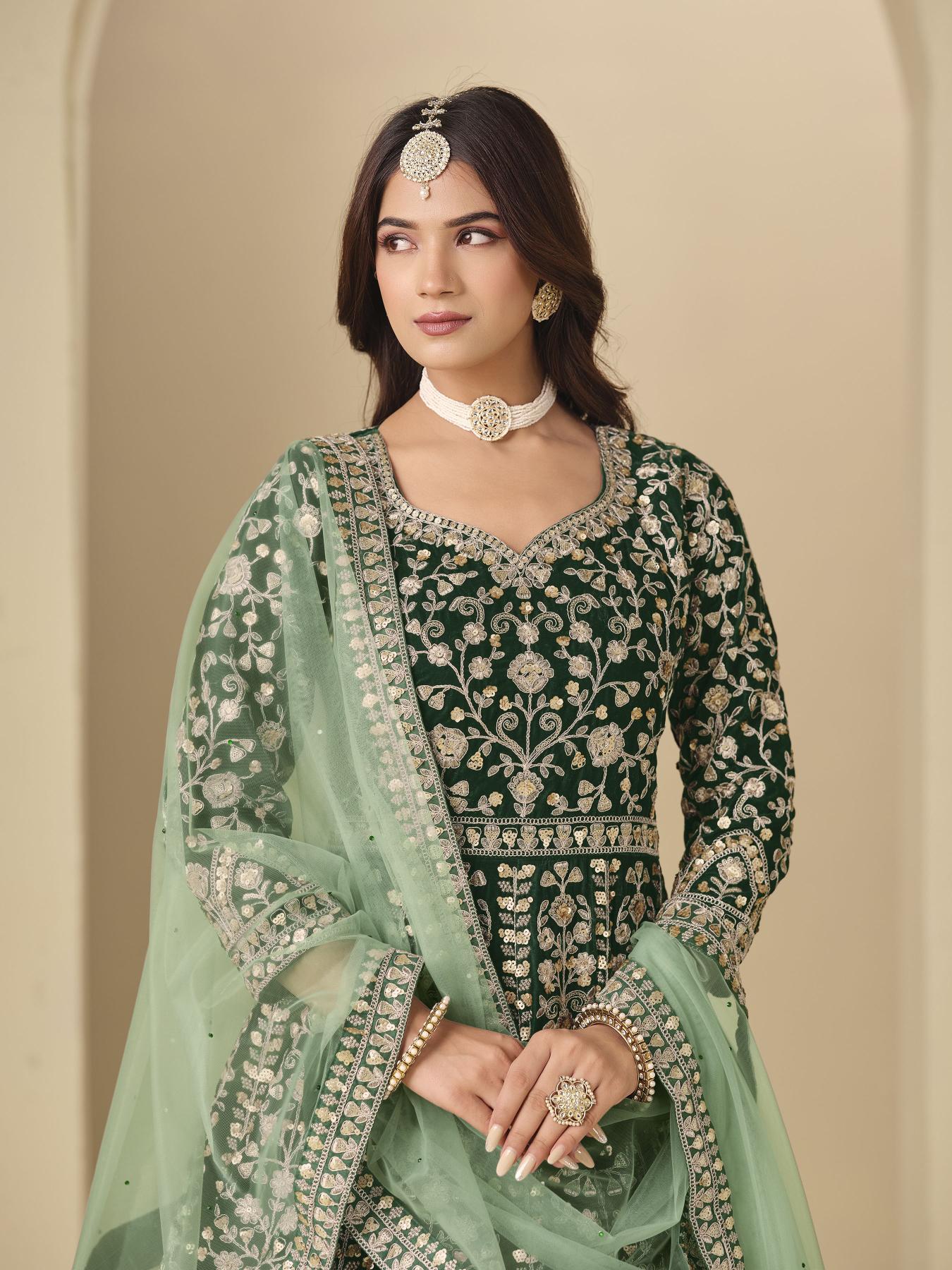 Green Velvet Designer Embroidered Anarkali Suit