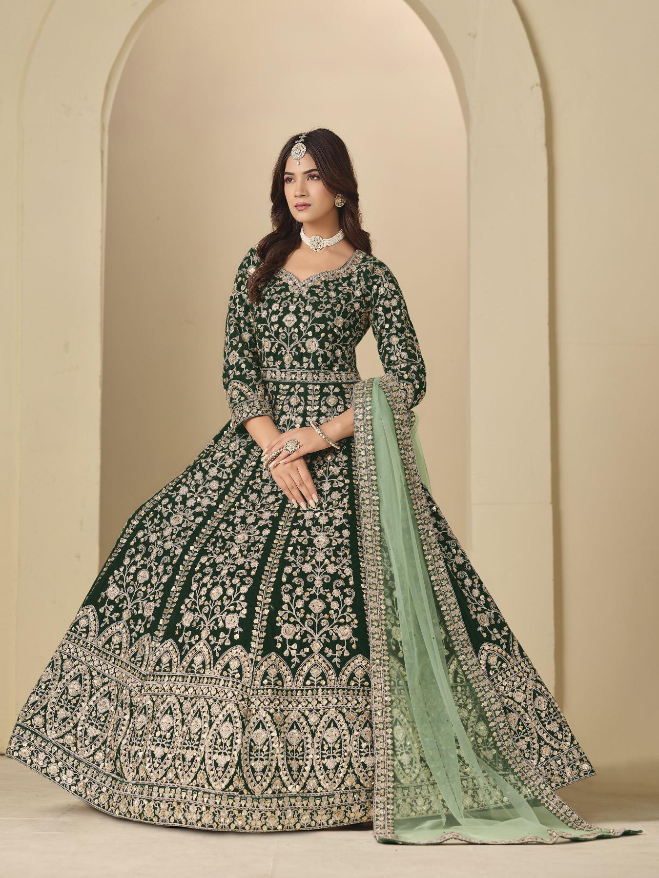 Green Velvet Designer Embroidered Anarkali Suit