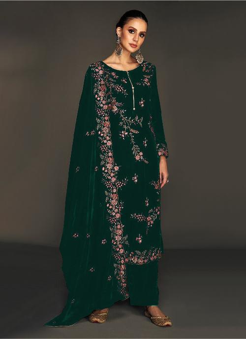 Green Velvet Embroidered Palazzo Suit