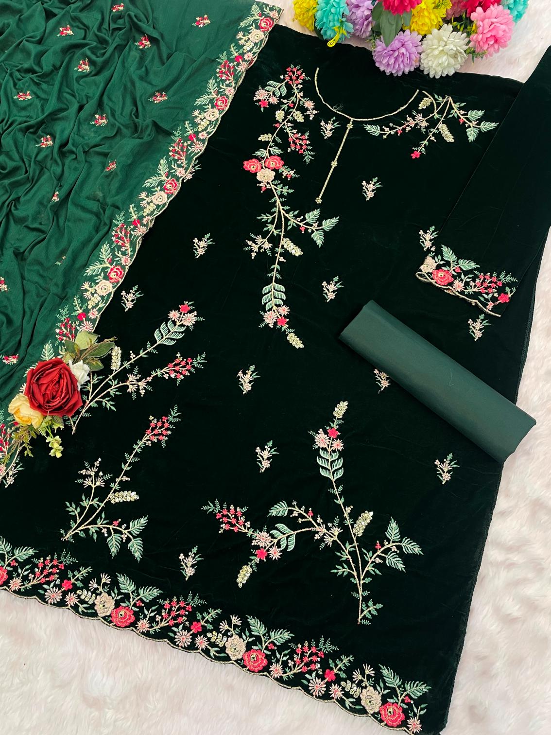 Green Velvet Embroidered Palazzo Suit