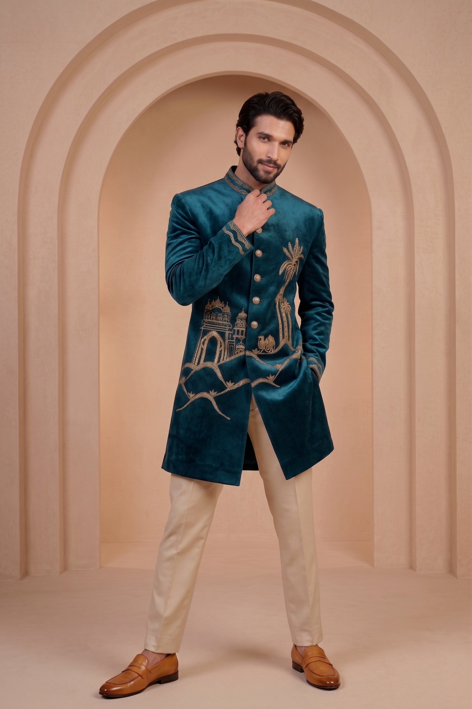 Green Velvet Thread Embroidery Indo-Western Sherwani