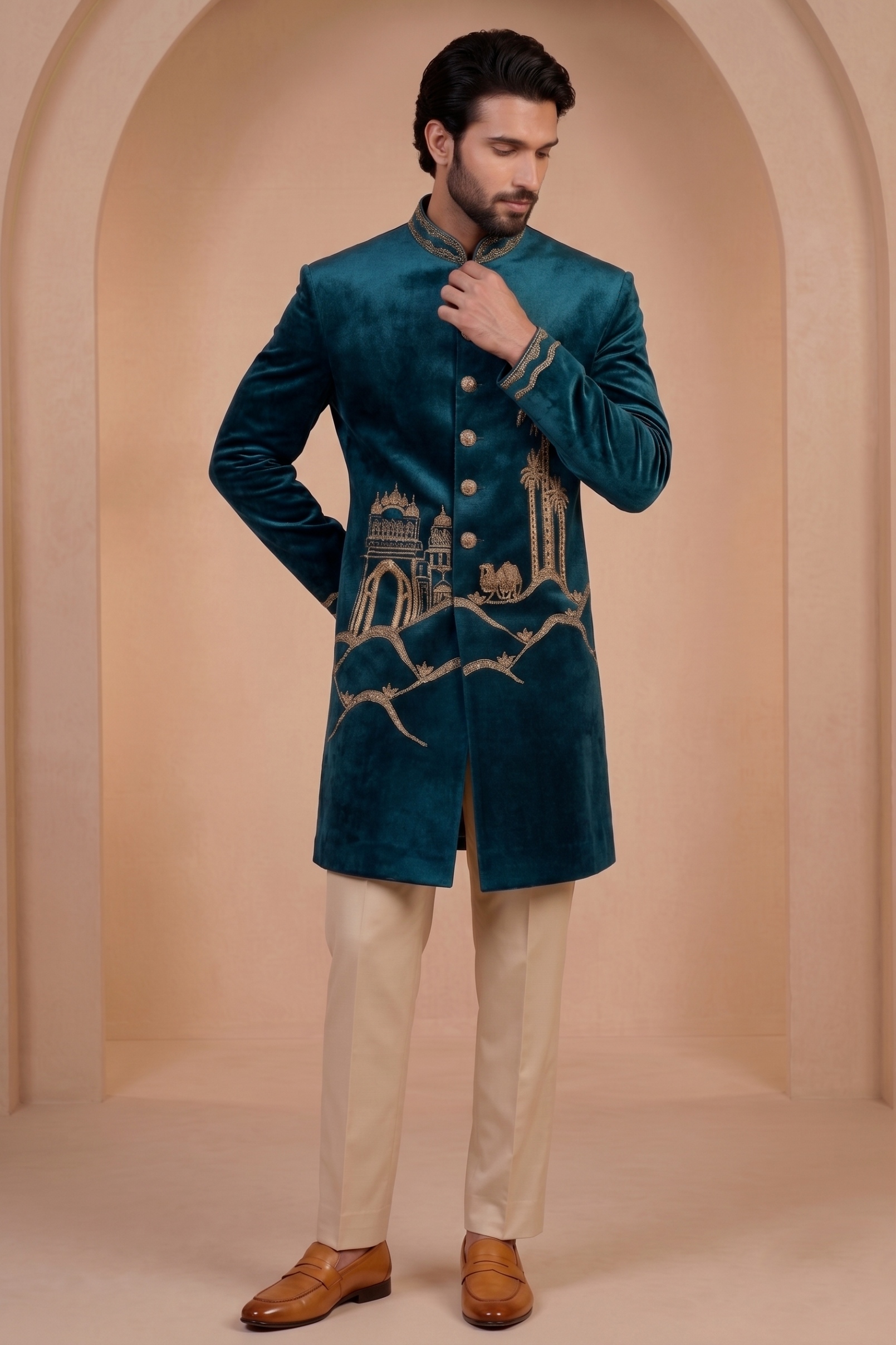 Green Velvet Thread Embroidery Indo-Western Sherwani — alternate view
