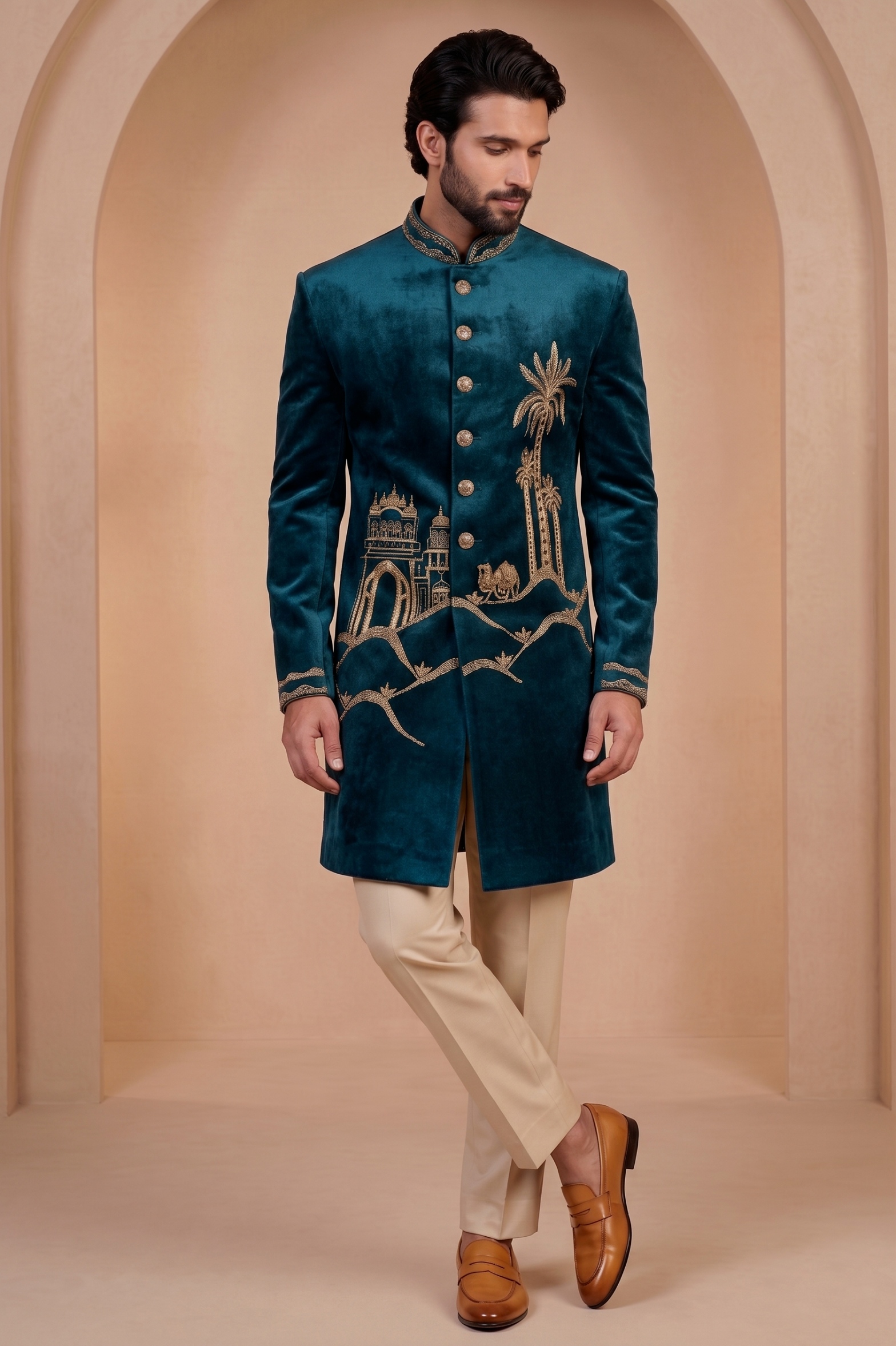 Green Velvet Thread Embroidery Indo-Western Sherwani