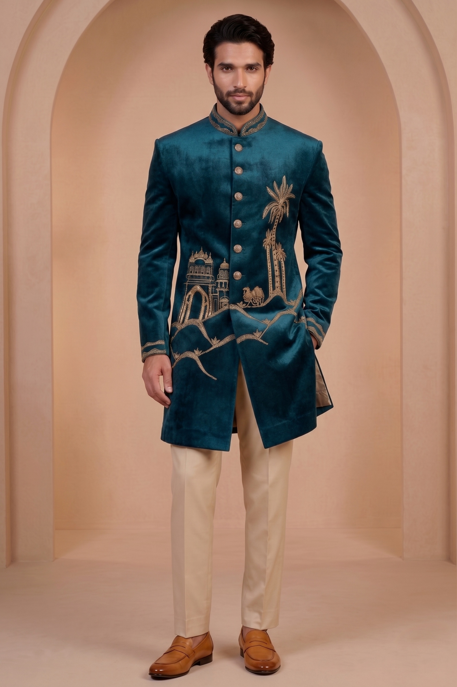 Green Velvet Thread Embroidery Indo-Western Sherwani