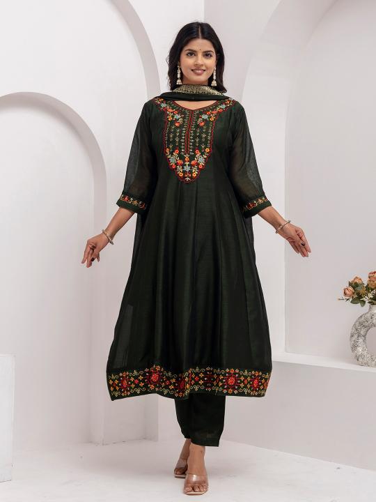 Green Vichitra Silk Readymade Suit