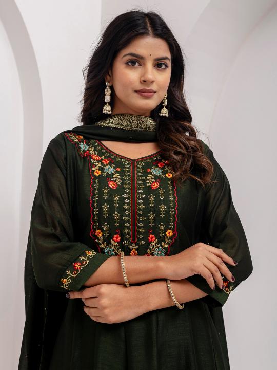 Green Vichitra Silk Readymade Suit