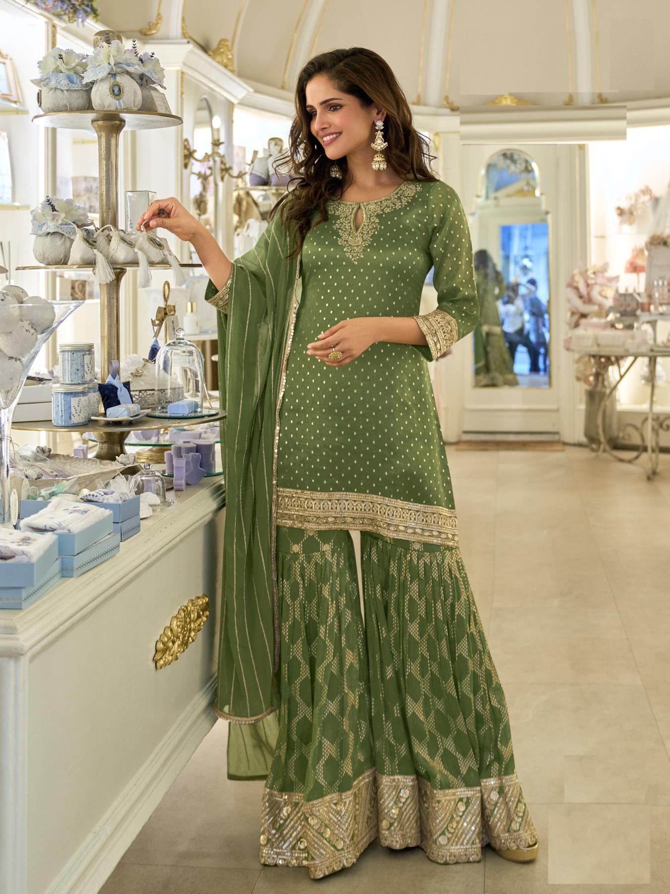 Green Viscose Heavy Embroidered Palazzo Suit
