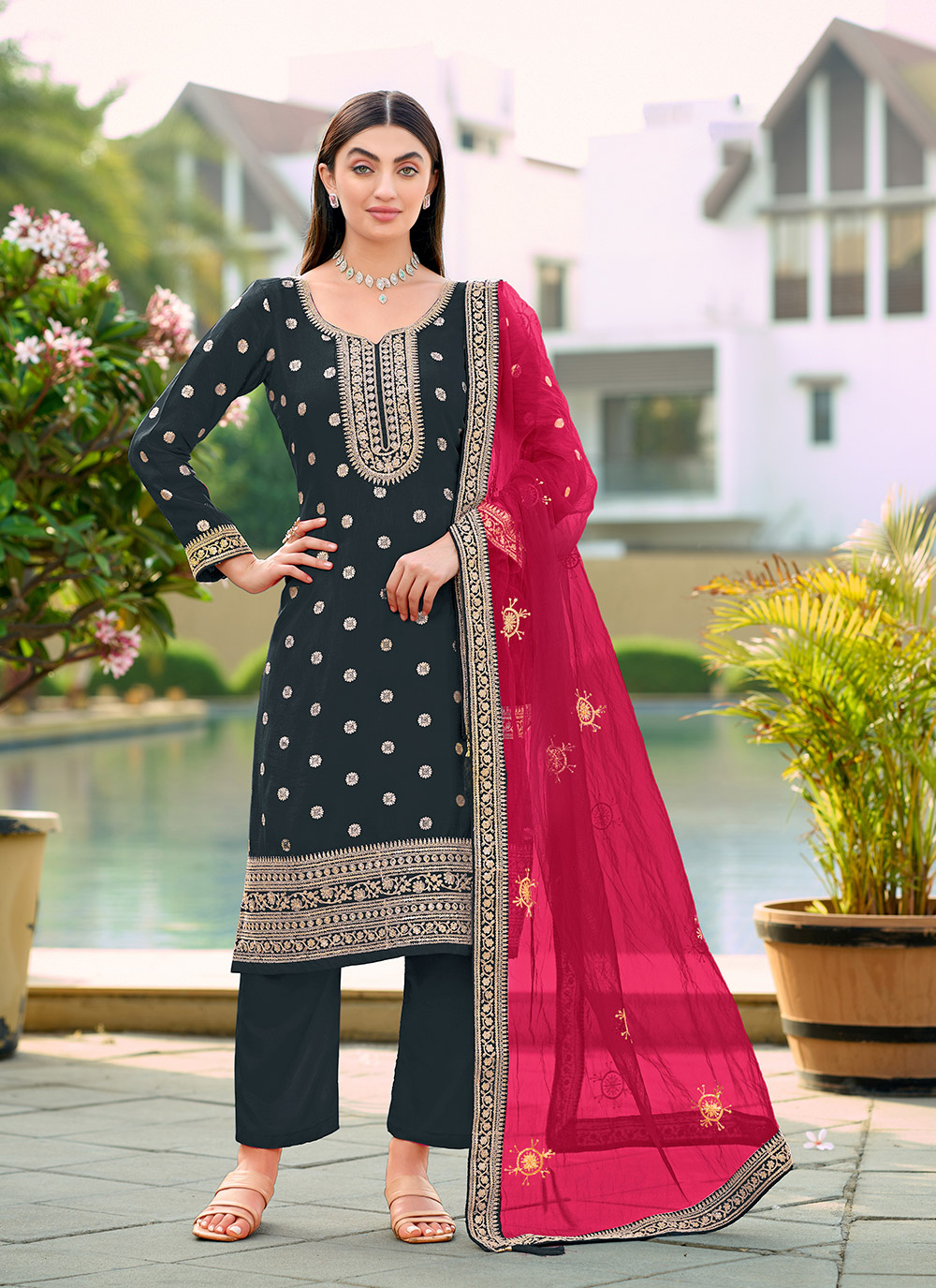 Green Viscose Jacquard Embroidered Straight Salwar Suit