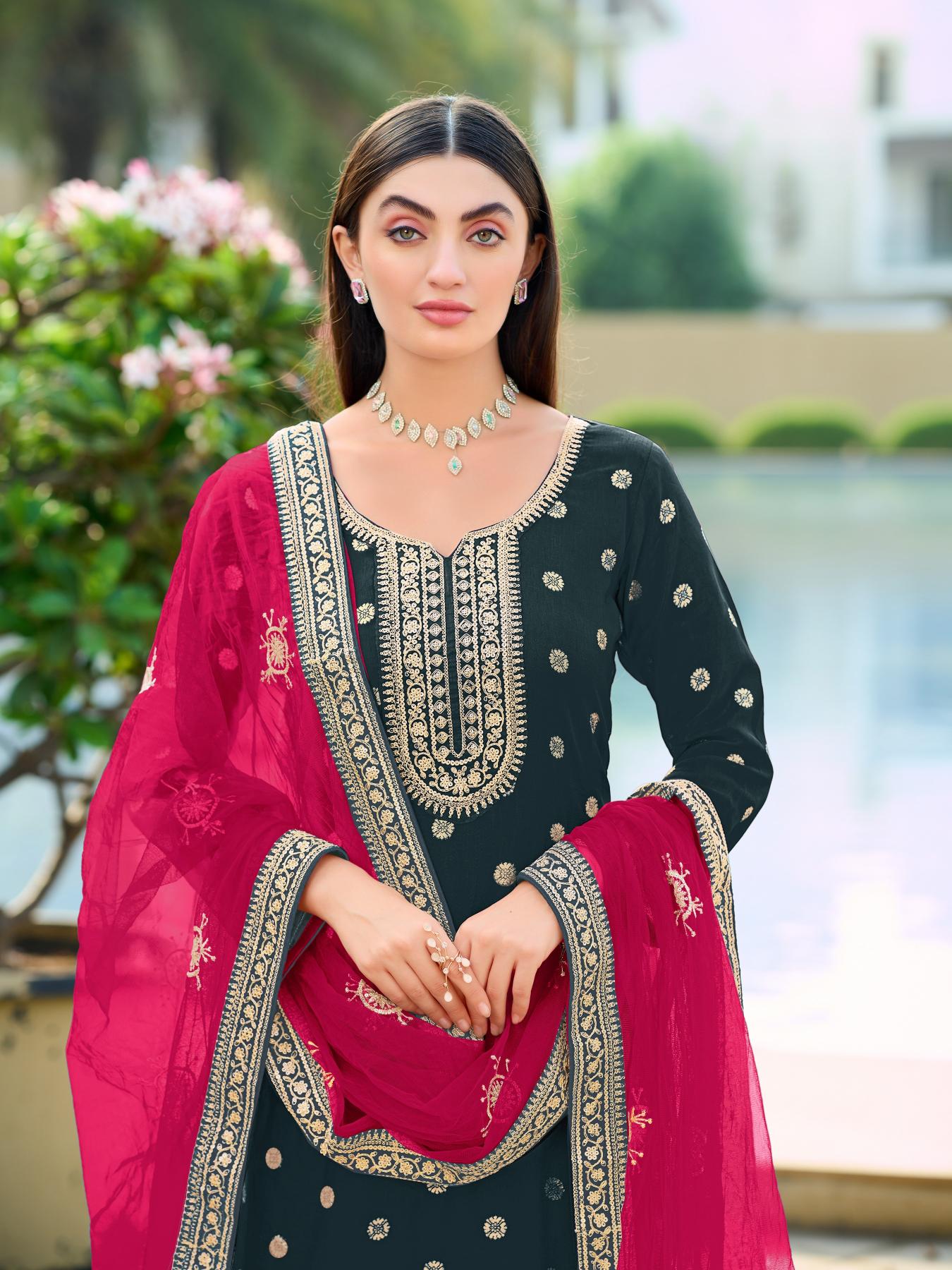 Green Viscose Jacquard Embroidered Straight Salwar Suit