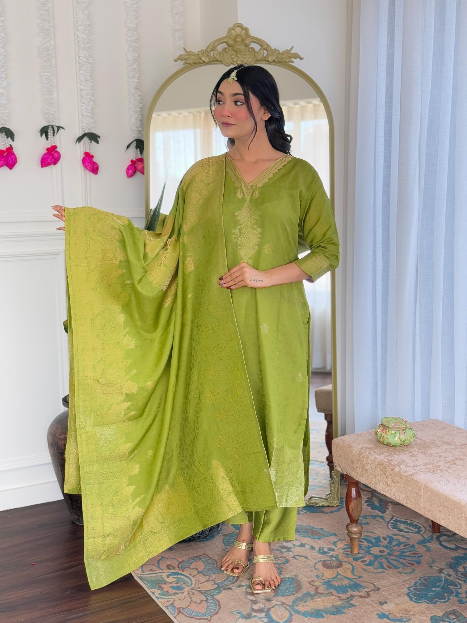 Green Viscose Jacquard Readymade Suits