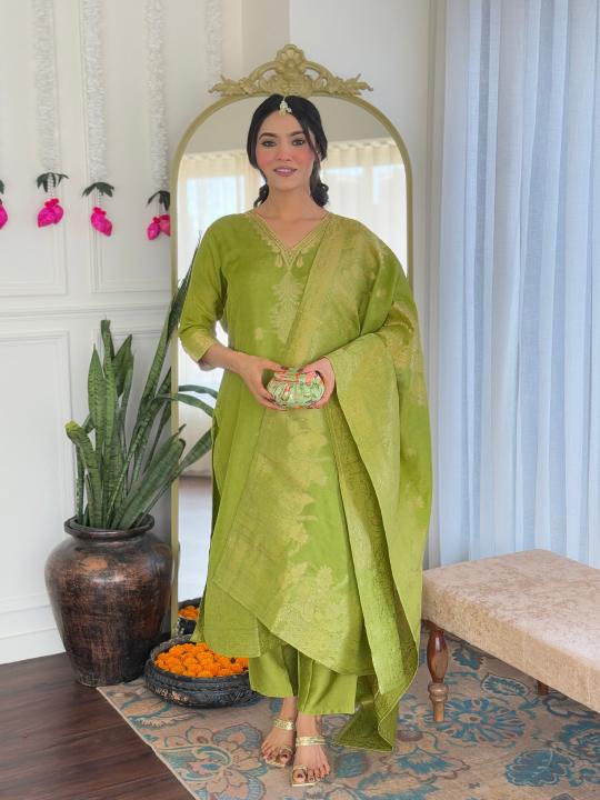 Green Viscose Jacquard Readymade Suits