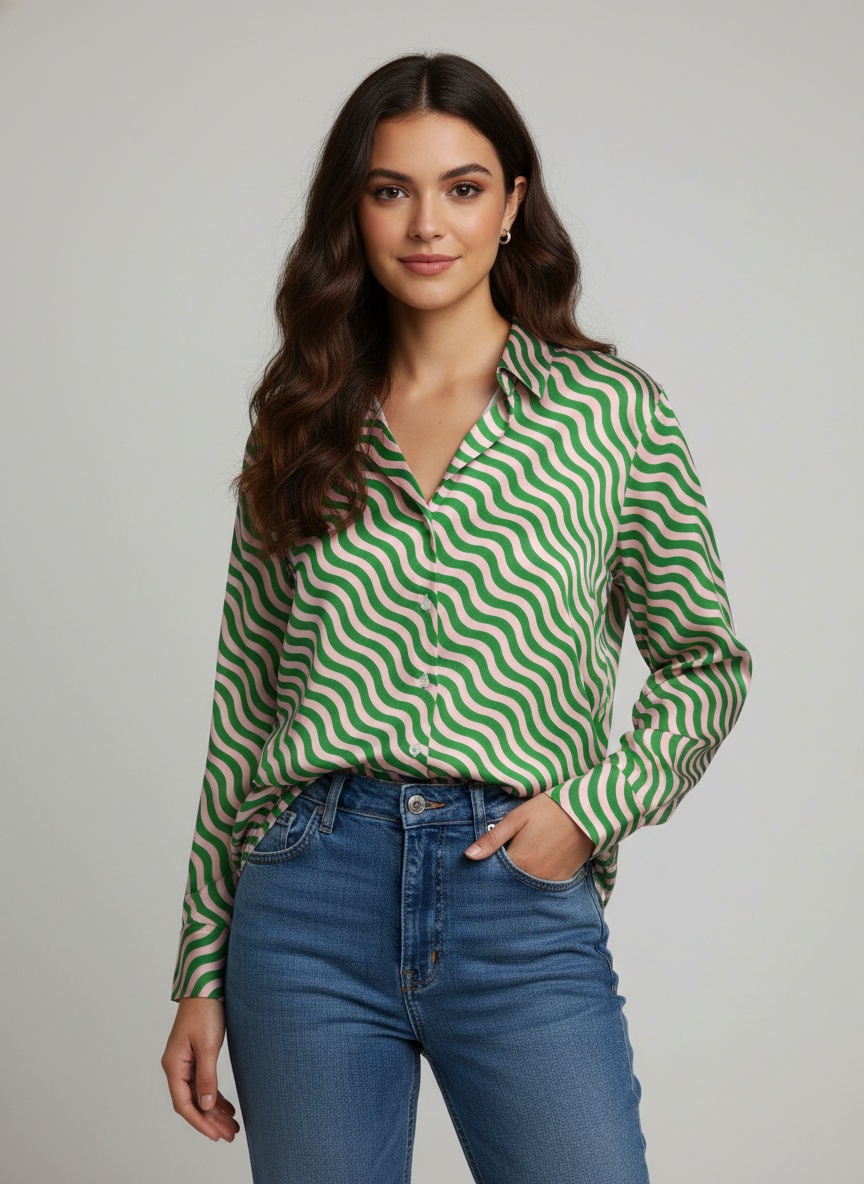 Green Wave Printed Crepe Casual Shirt