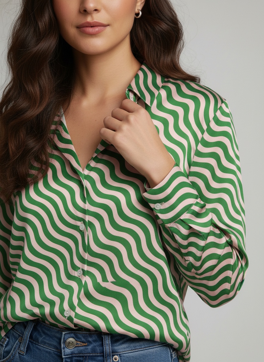Green Wave Printed Crepe Casual Shirt