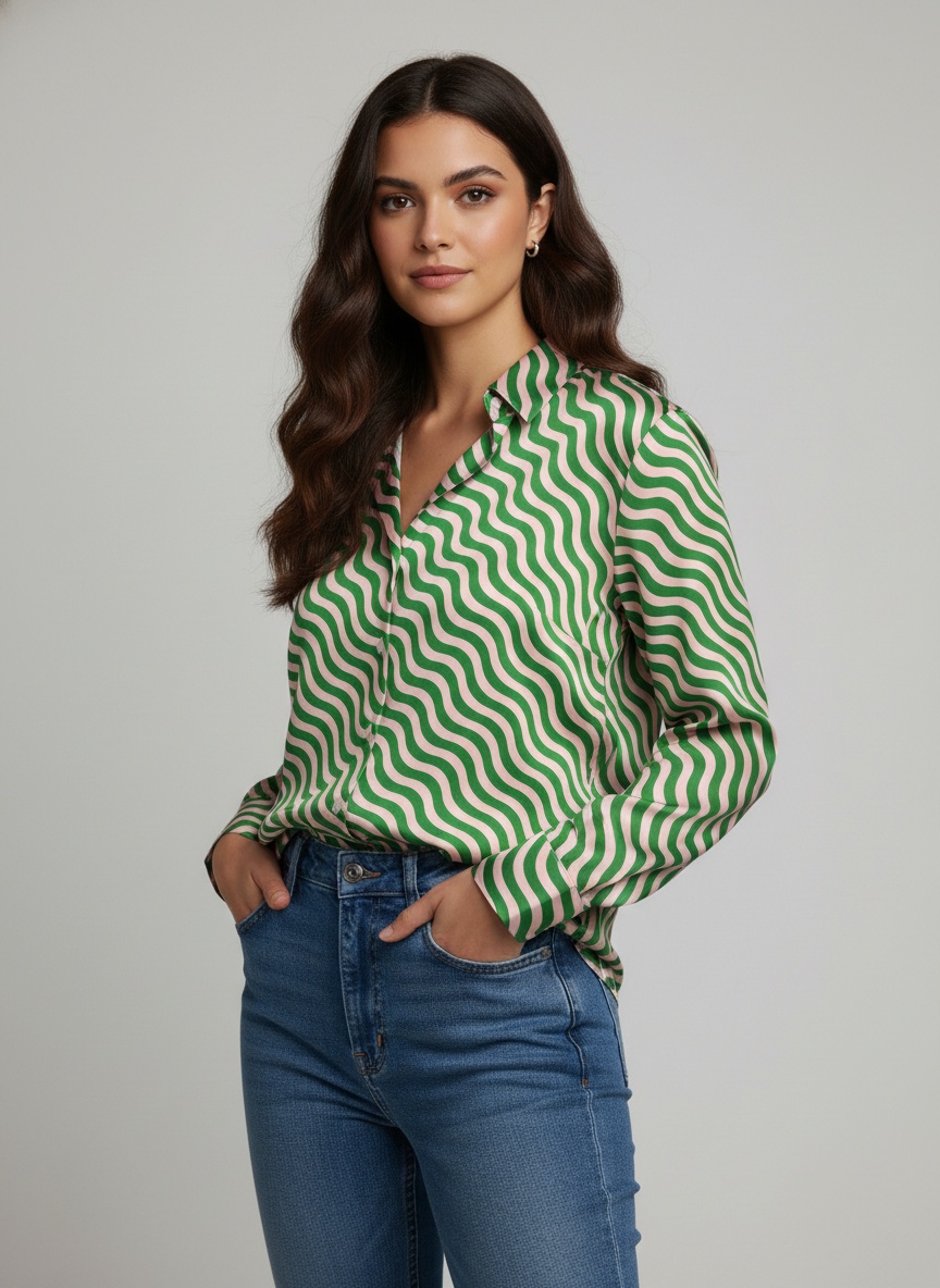 Green Wave Printed Crepe Casual Shirt