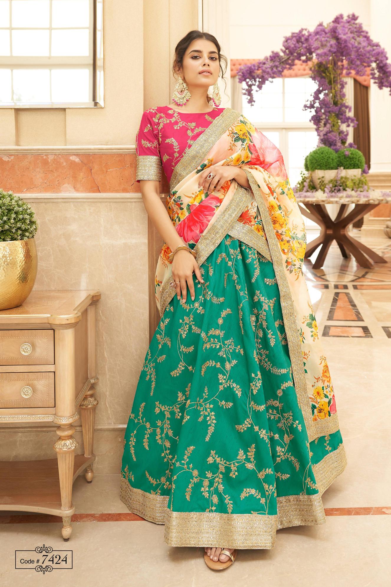Green-White Art Silk Lehenga Choli