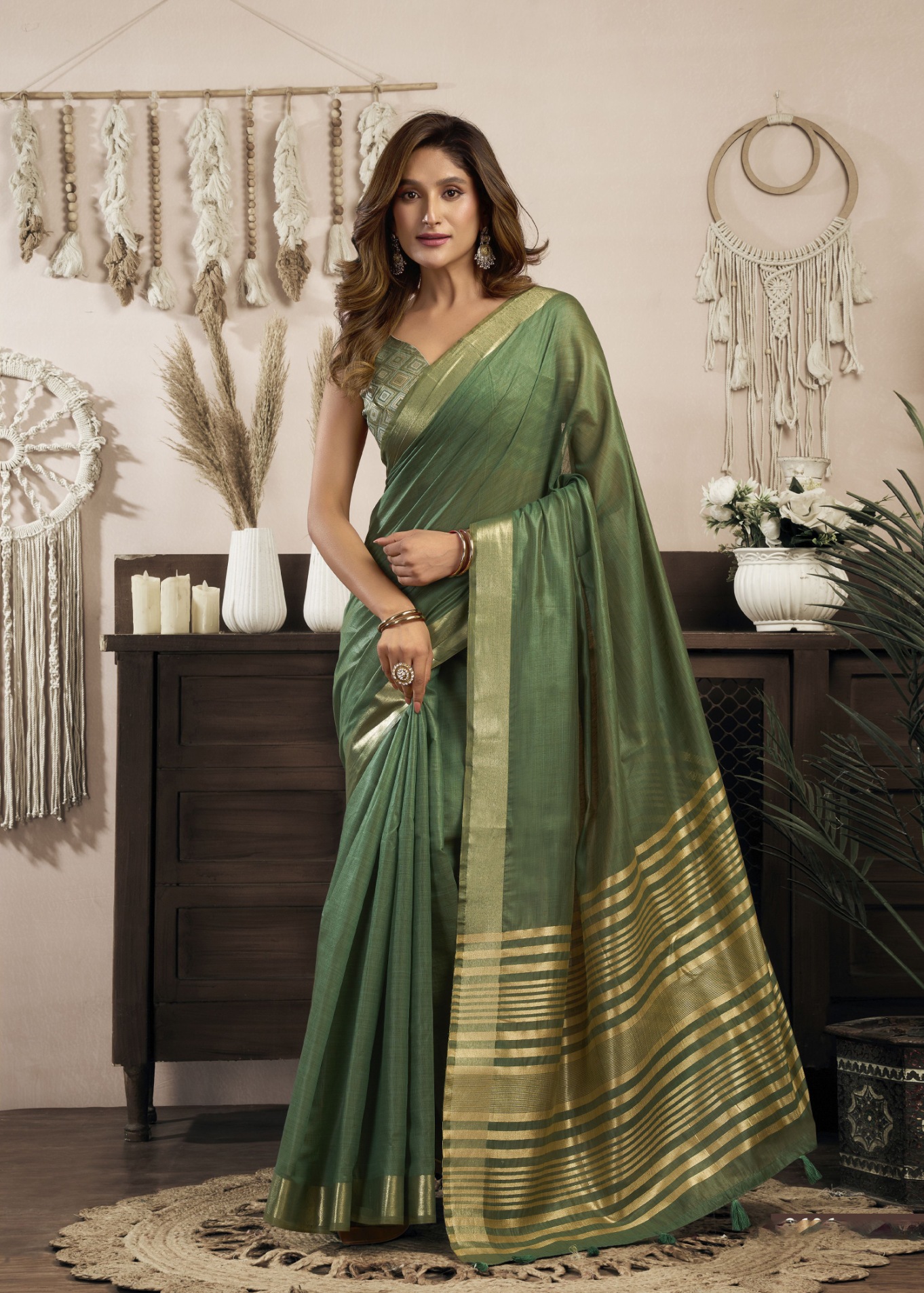 Green Woven Designer Khadi Cotton Saree