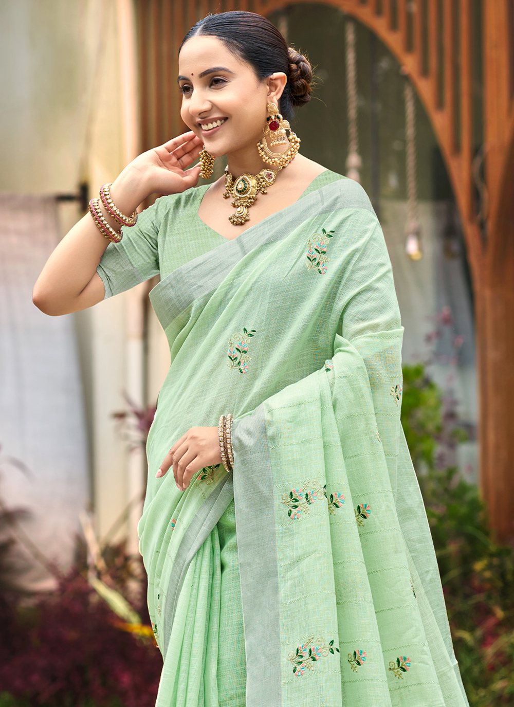 Green Woven Embroidered Linen Saree — alternate view