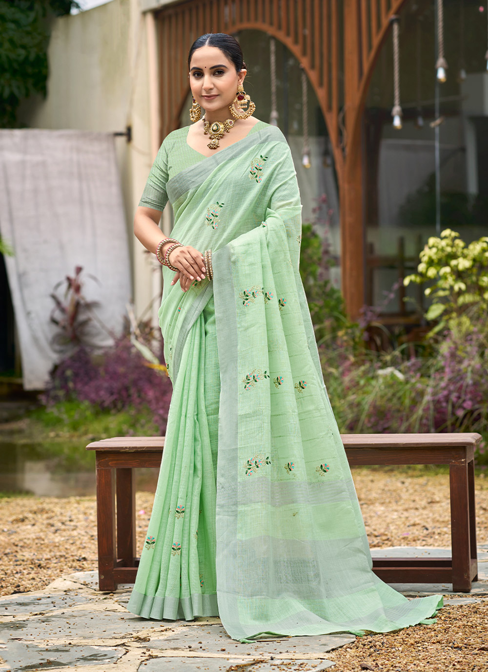 Green Woven Embroidered Linen Saree