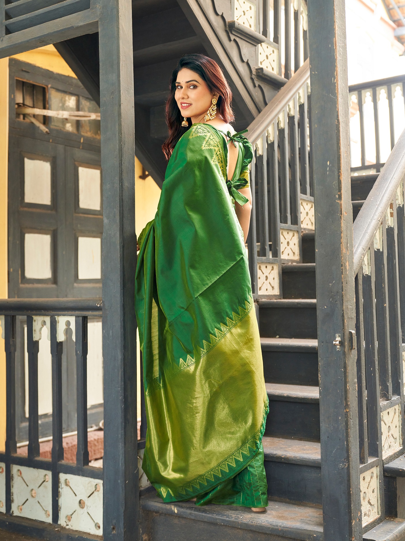 Green Woven Gold Zari Banarasi Raw Silk Saree — alternate view