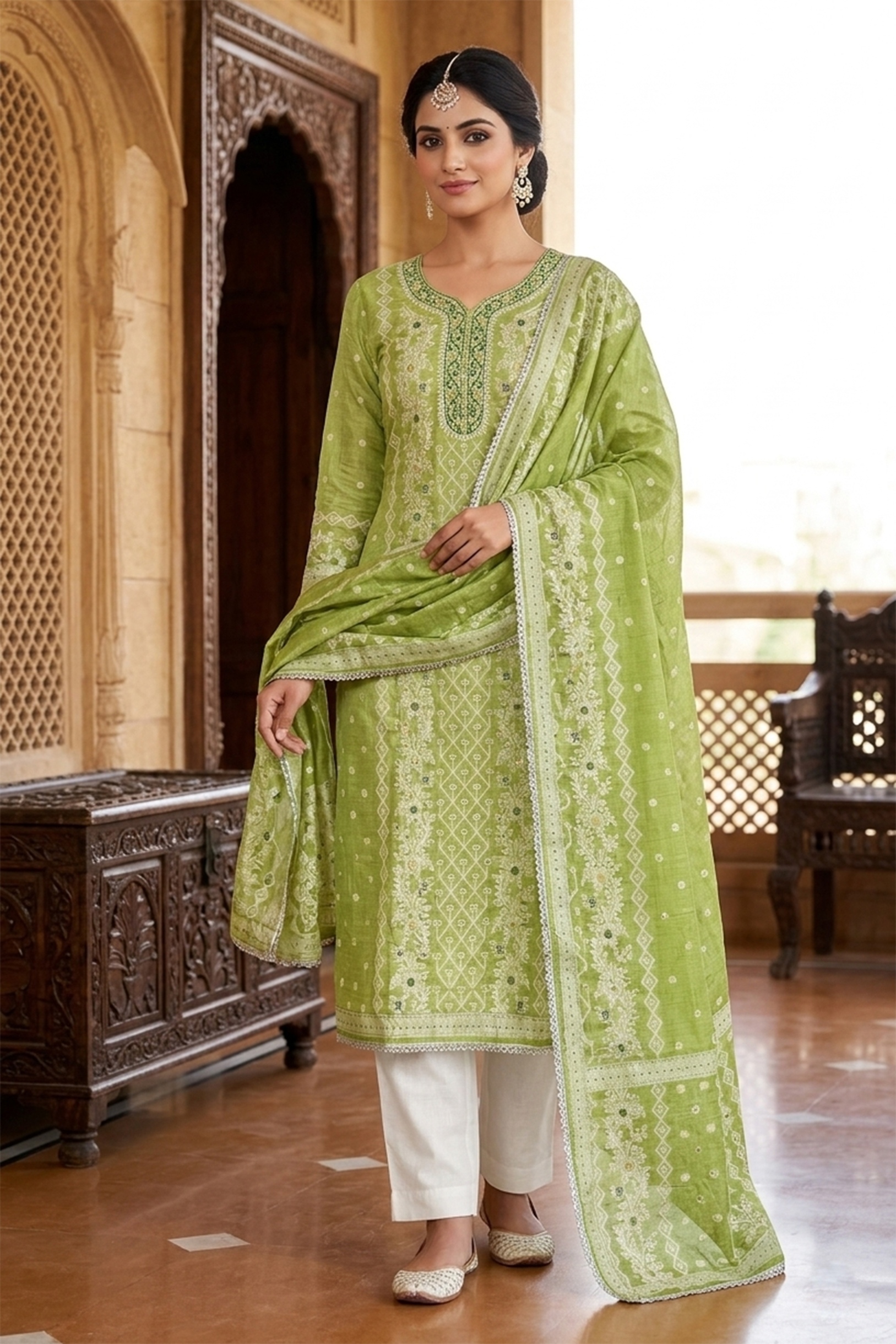 Green Woven Jacquard Banarasi Cotton Straight Suit