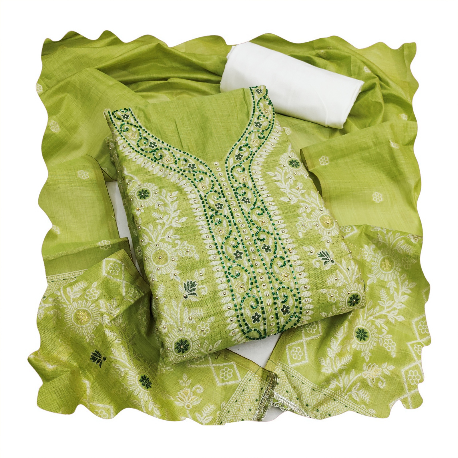 Green Woven Jacquard Banarasi Cotton Straight Suit — alternate view