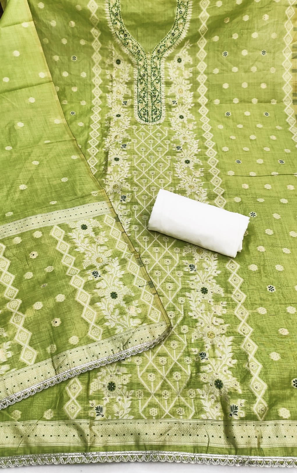 Green Woven Jacquard Banarasi Cotton Straight Suit