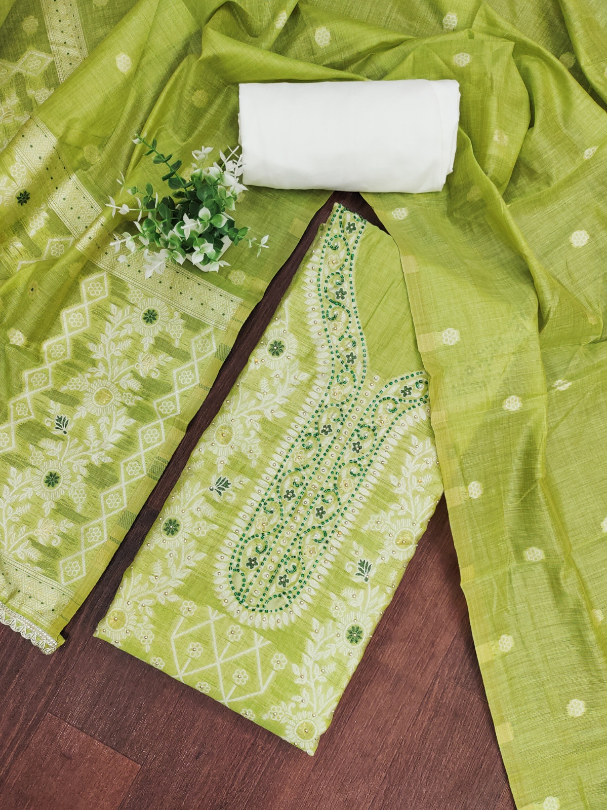 Green Woven Jacquard Banarasi Cotton Straight Suit