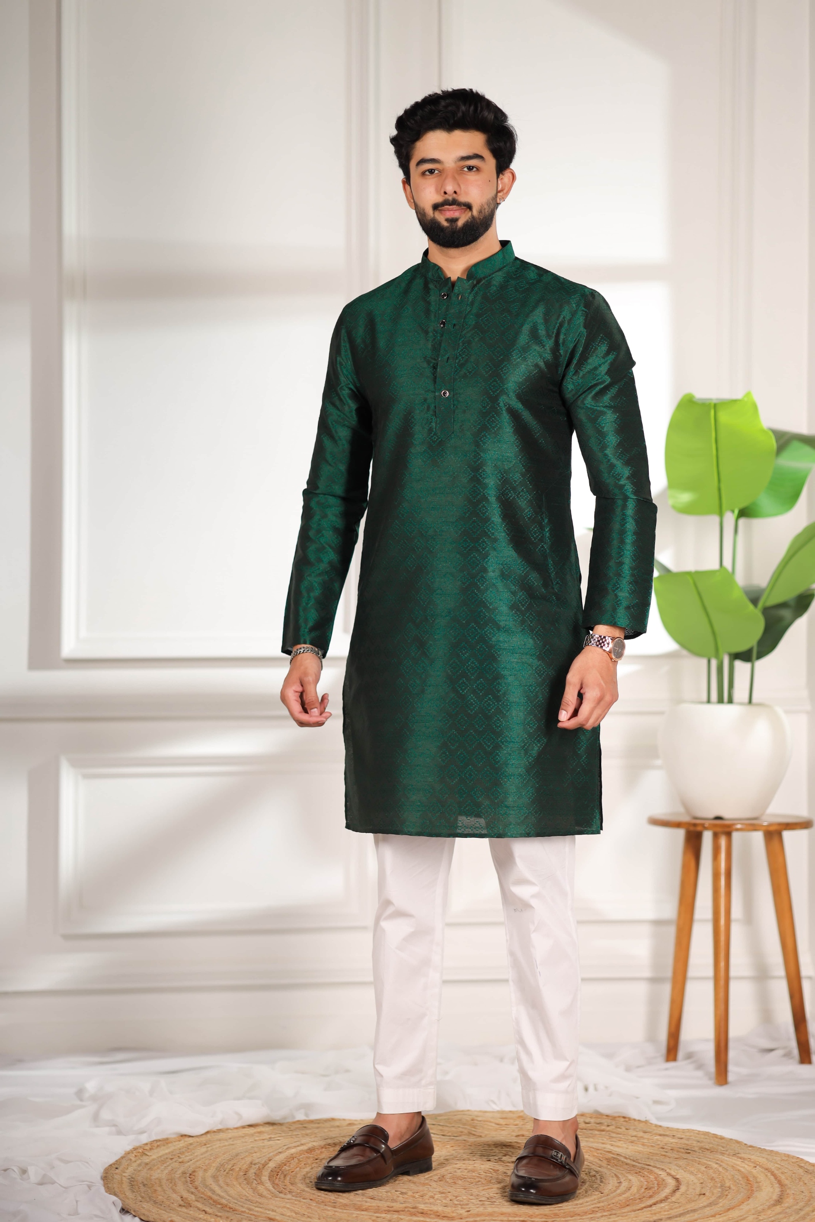 Green Woven Pattern Art Silk Kurta Pyjama