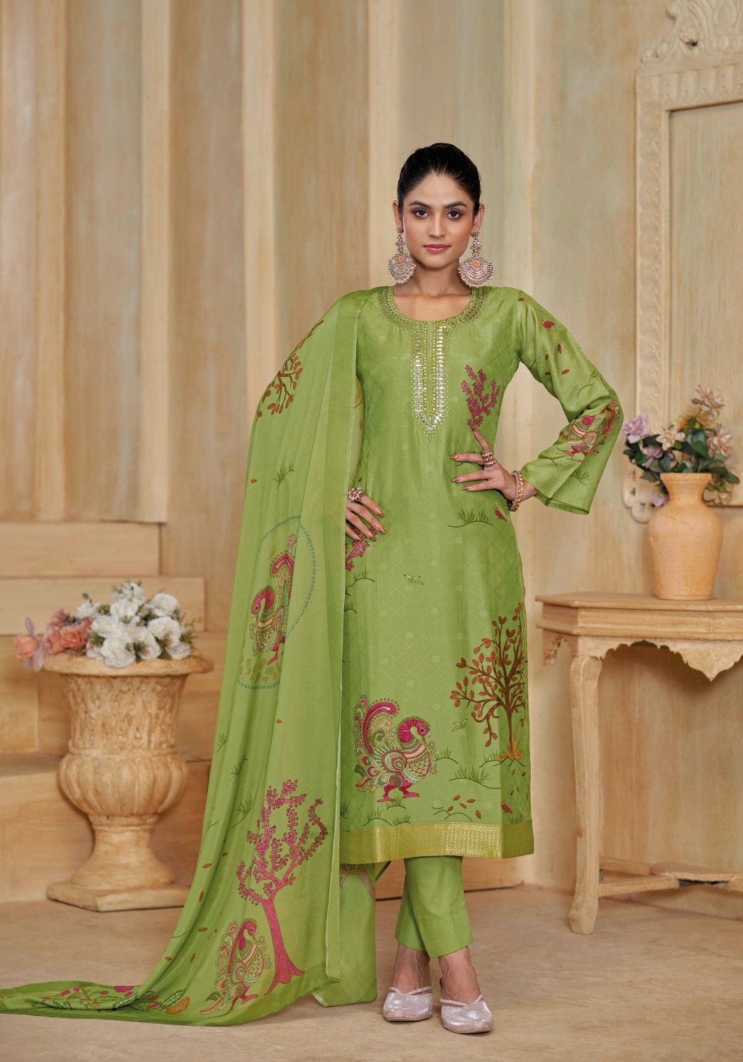 Green Woven Silk Salwar Suit