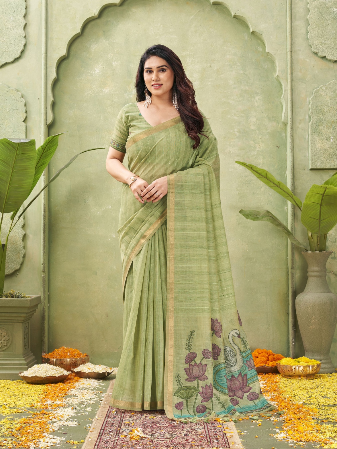 Green Woven Swan Lotus Designer Ghicha Cotton Saree