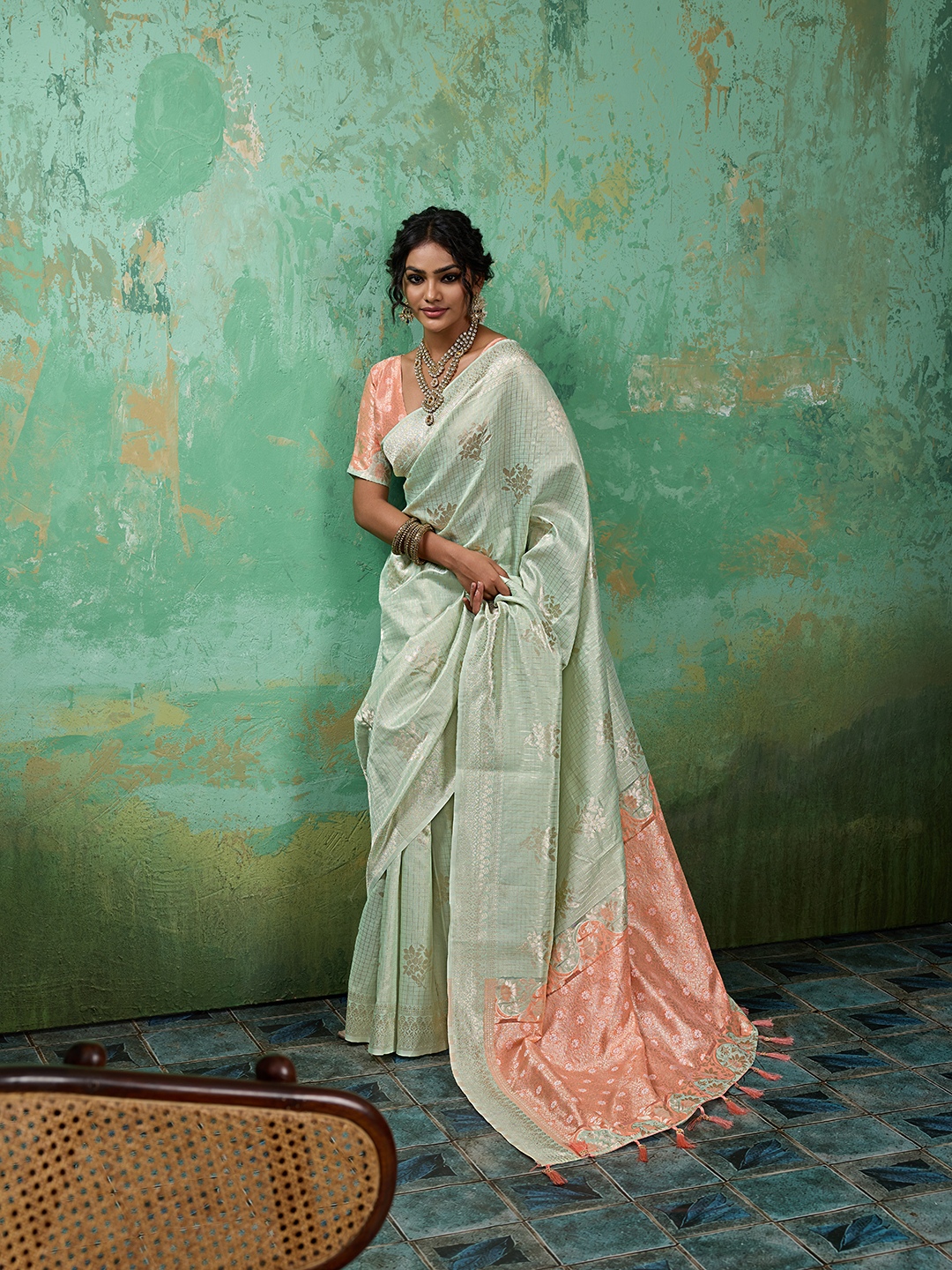 Green Woven Zari Linen Saree