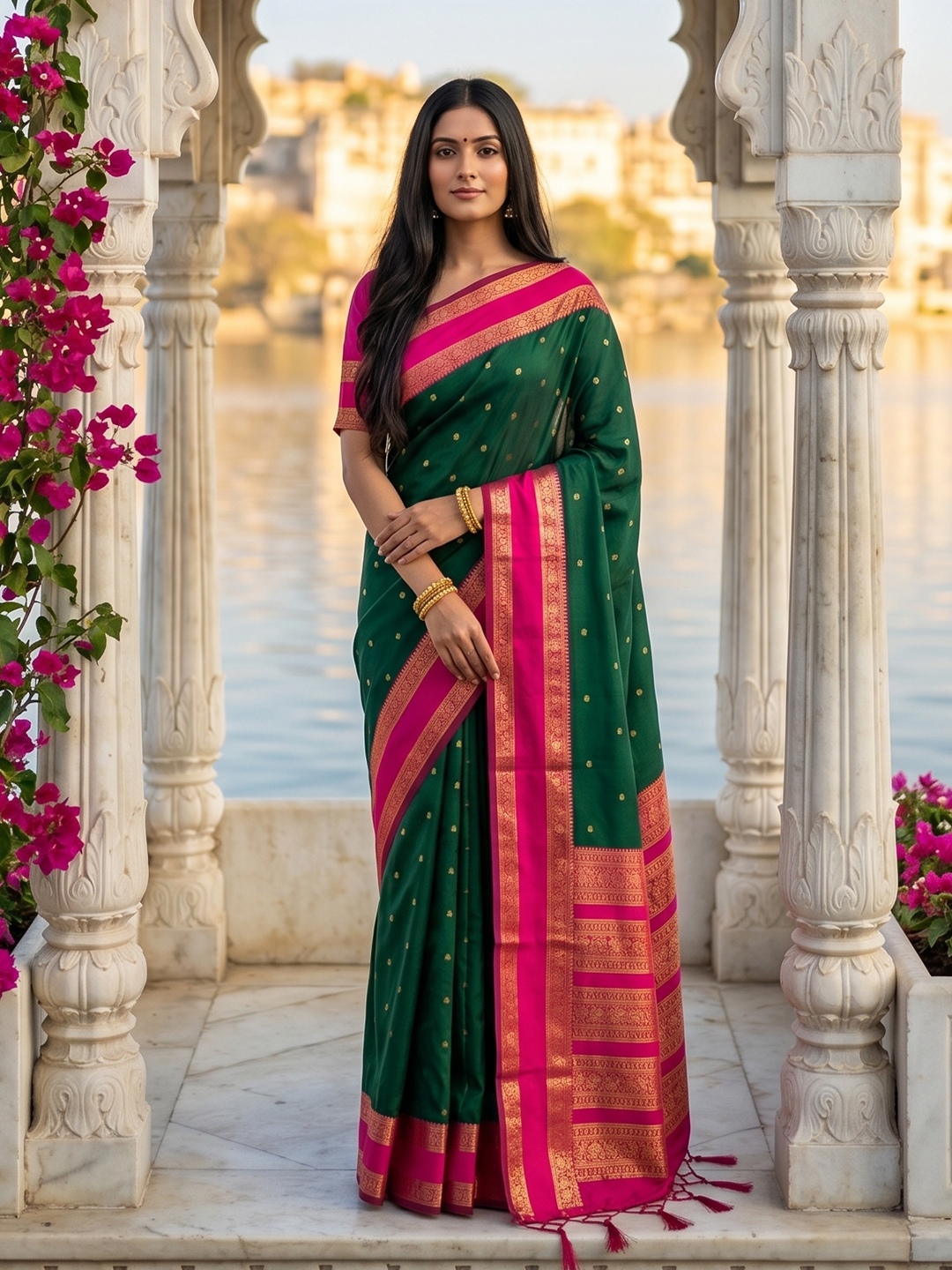Green Woven Zari Silk Blend Saree