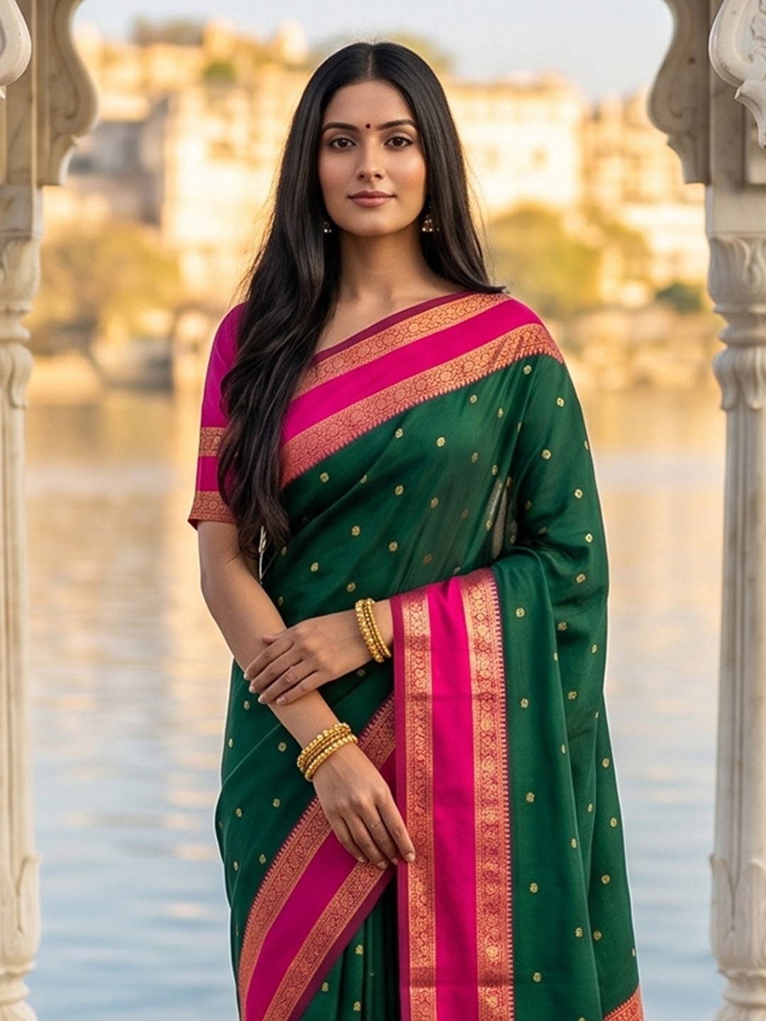 Green Woven Zari Silk Blend Saree
