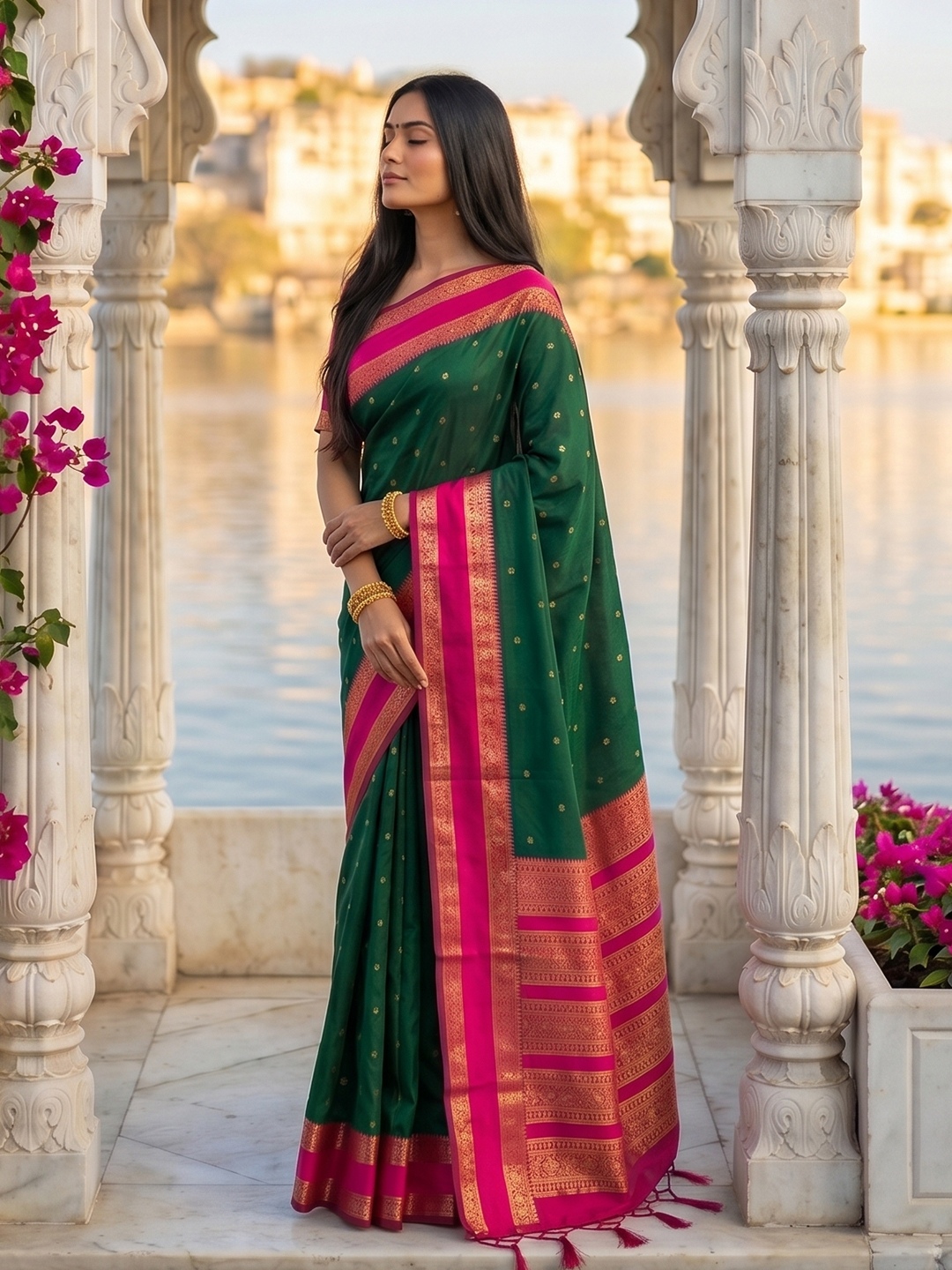 Green Woven Zari Silk Blend Saree