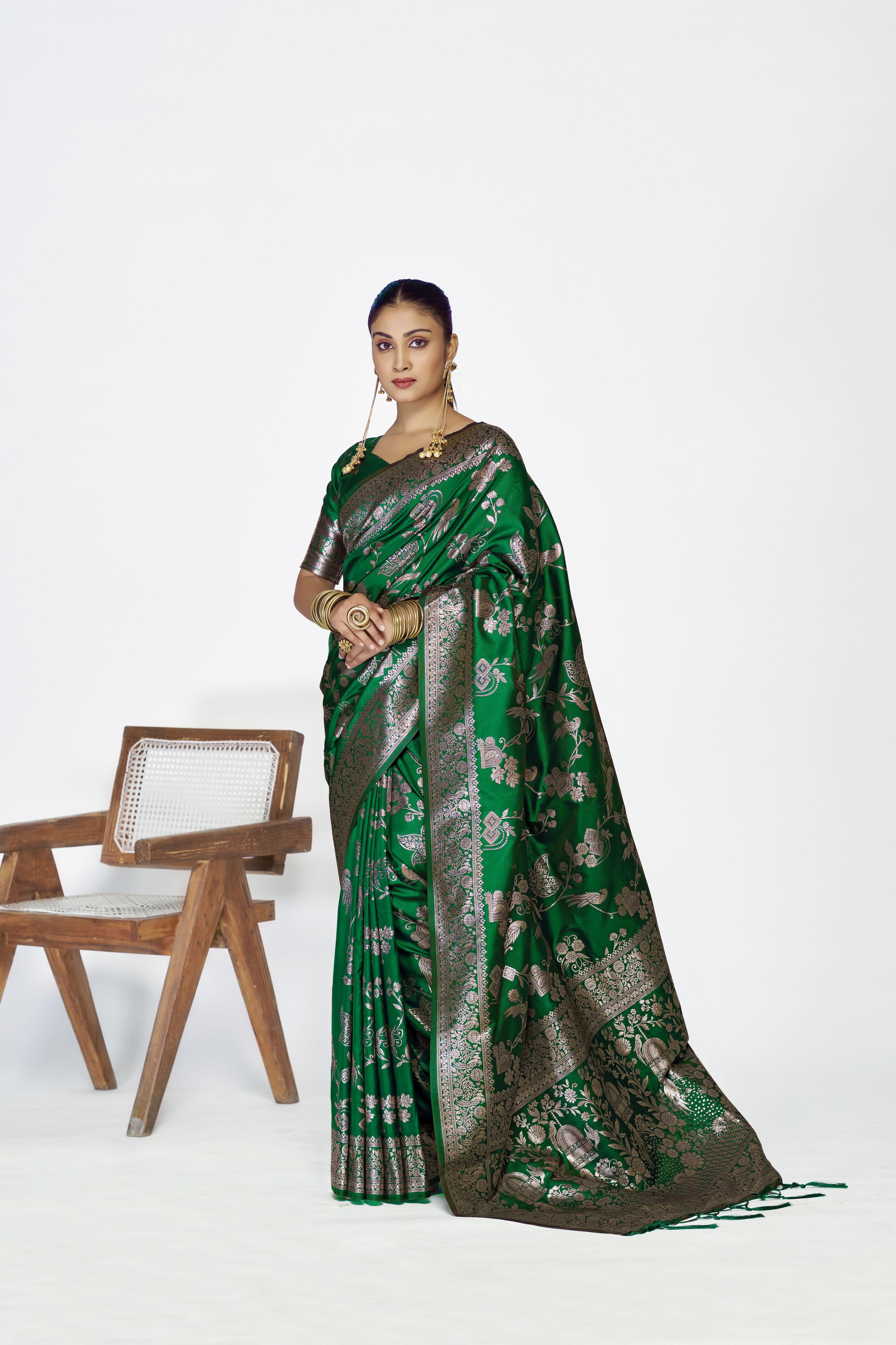 Green Zari Floral Butti Designer Banarasi Silk Saree