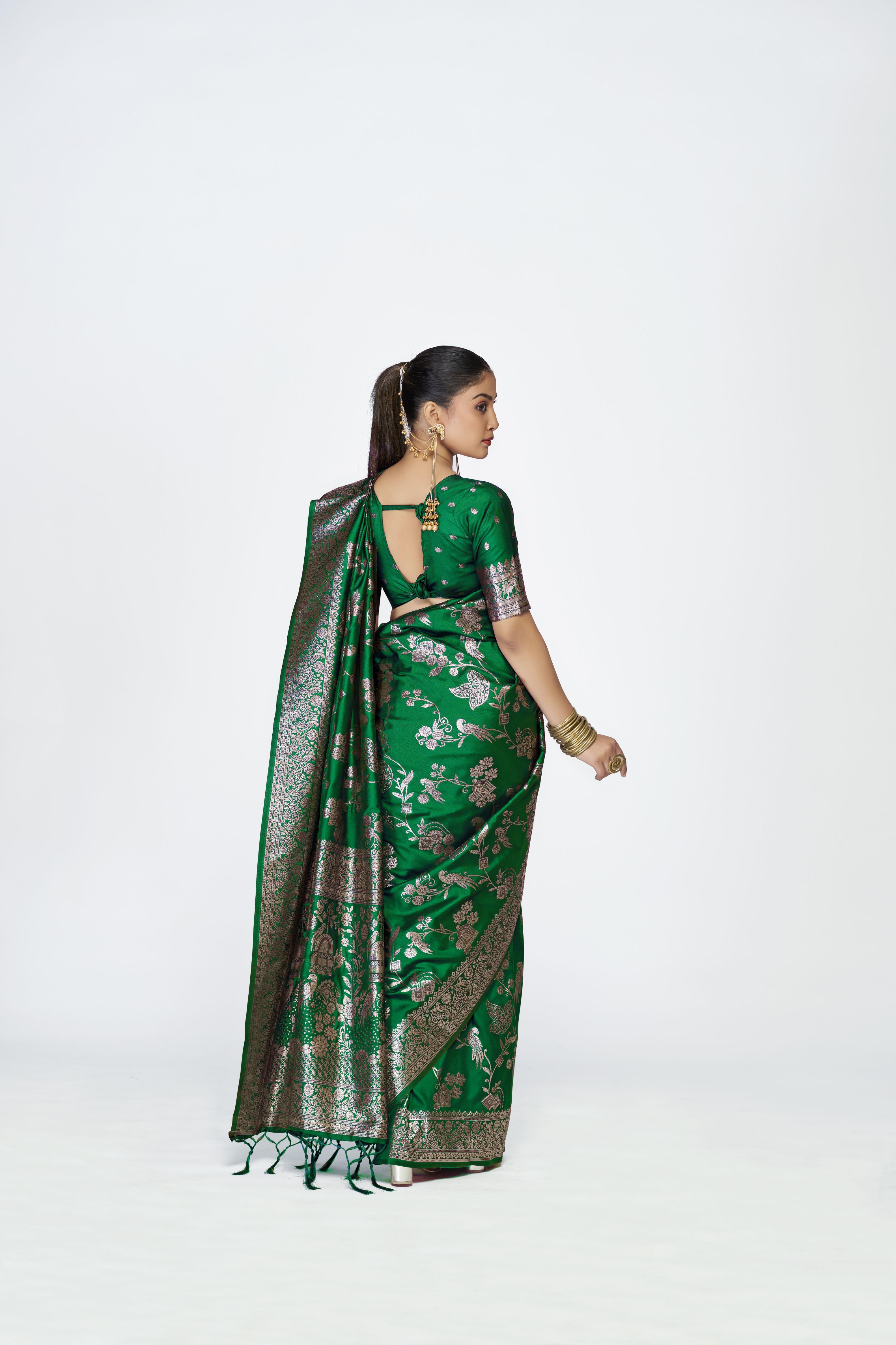 Green Zari Floral Butti Designer Banarasi Silk Saree — alternate view