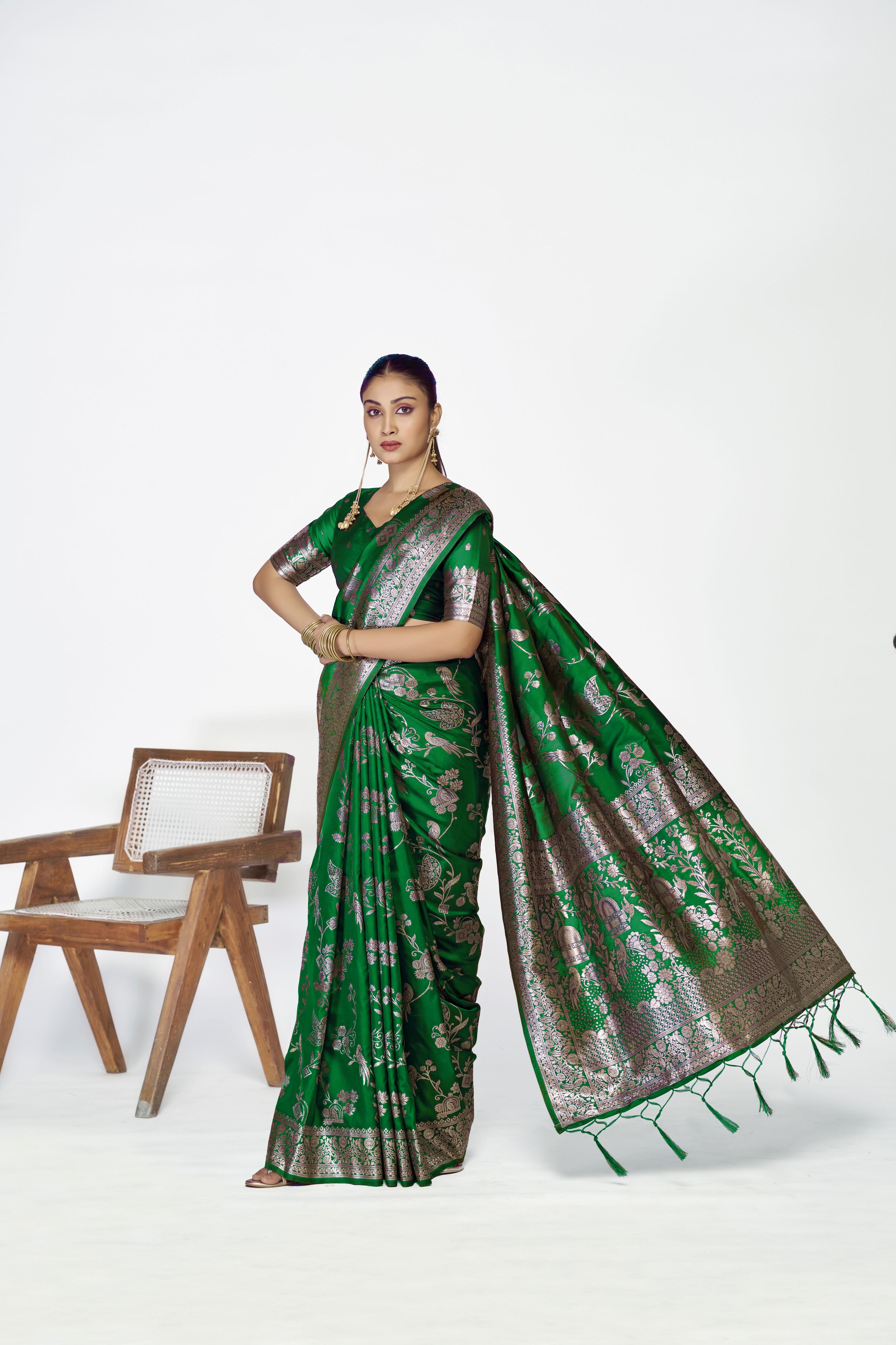 Green Zari Floral Butti Designer Banarasi Silk Saree