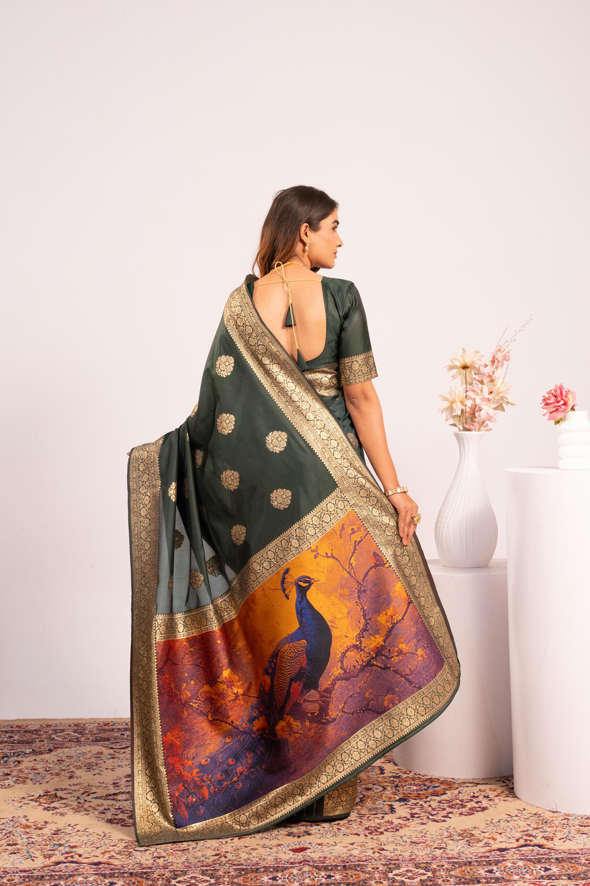 Green Zari Resham Work Banarasi Silk Saree — alternate view