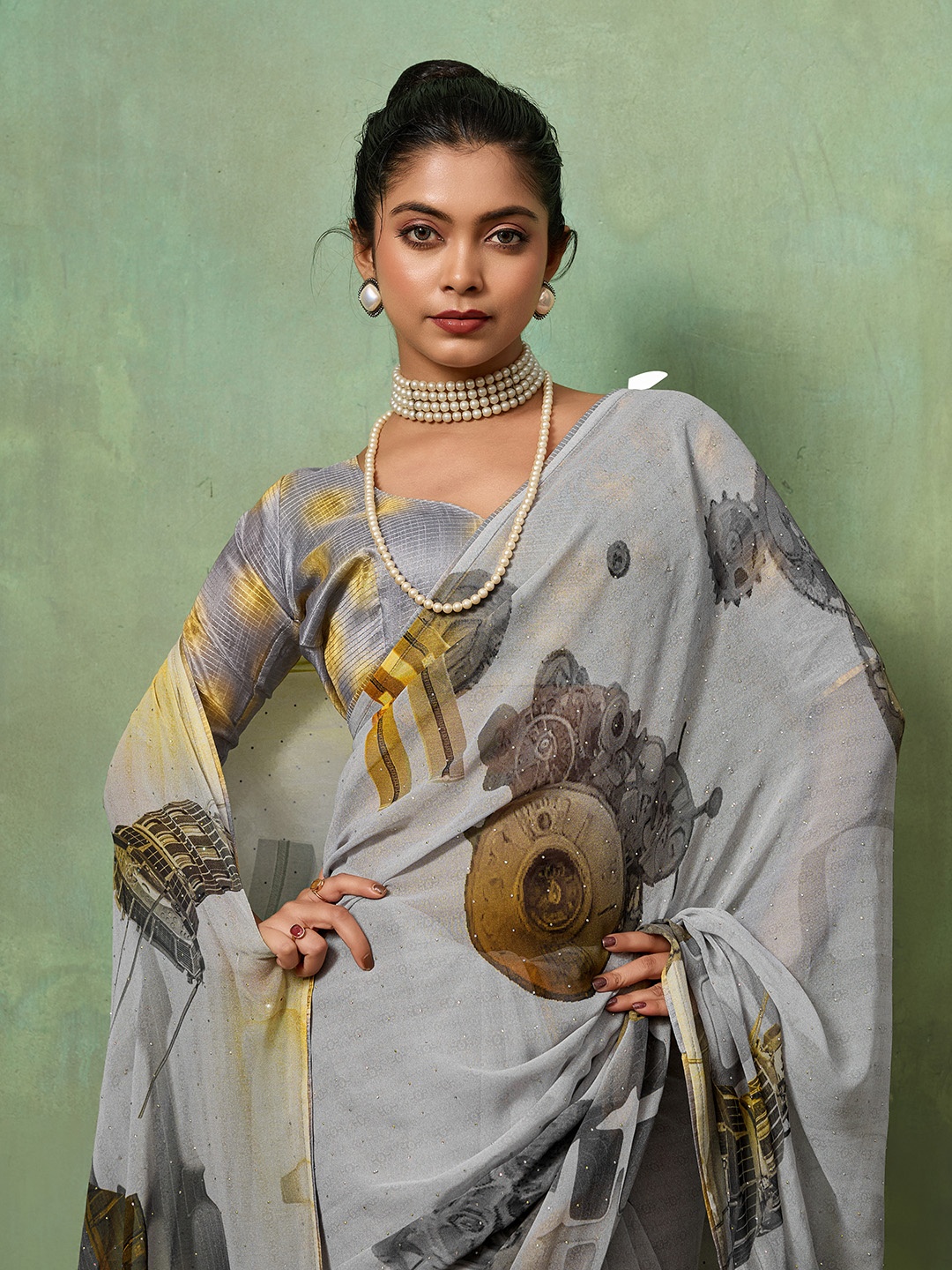 Grey Abstract Printed Georgette Party Saree