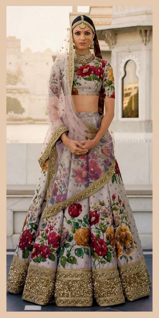 Grey Art Silk Printed Lehenga