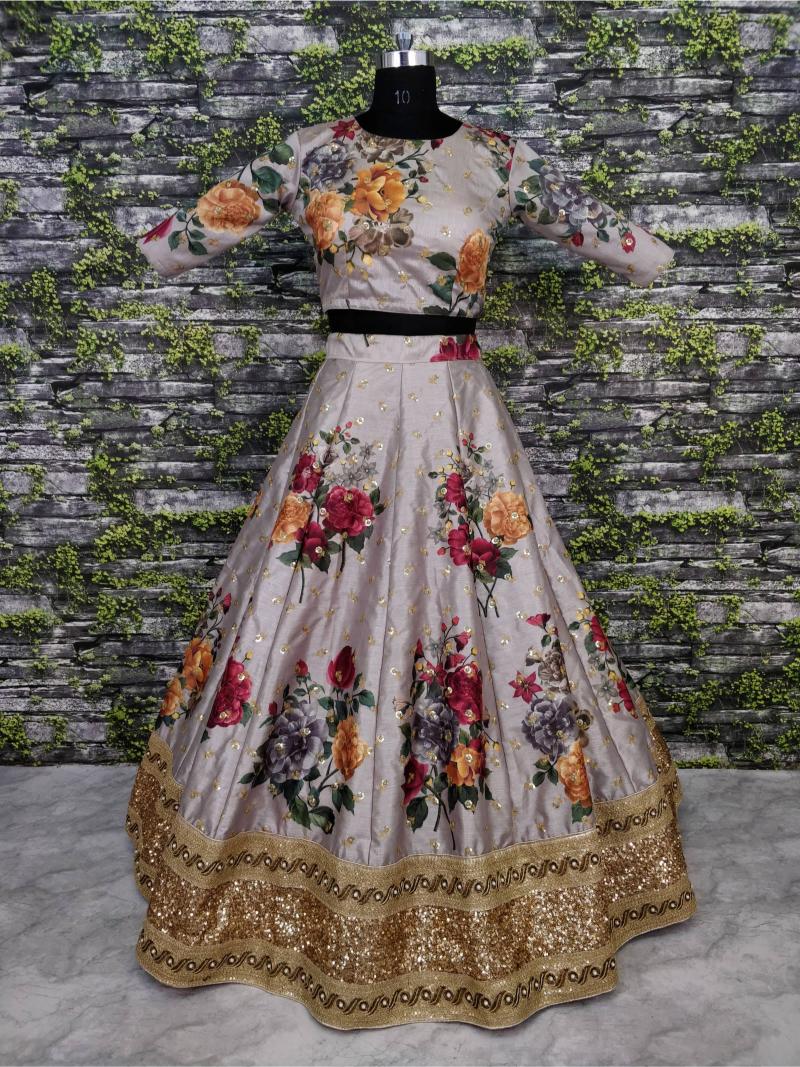 Grey Art Silk Printed Lehenga