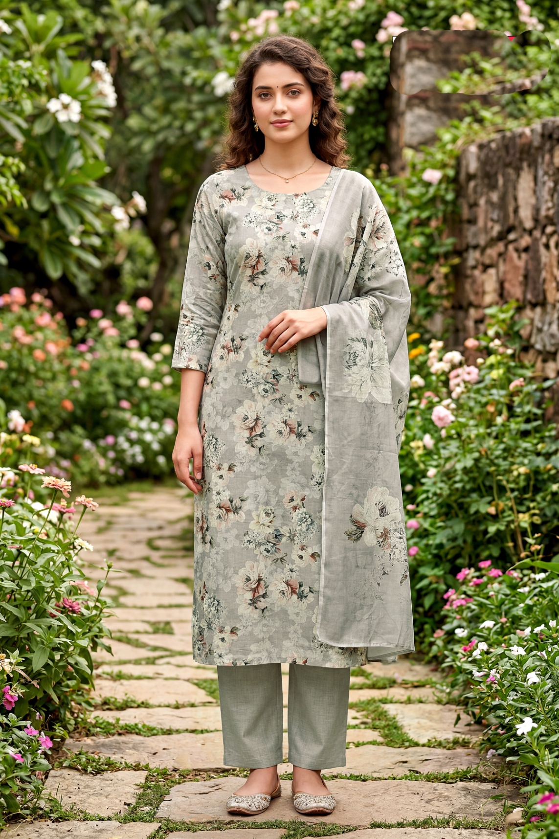 Grey Artistic Digital Cambric A-Line Salwar Suit — alternate view