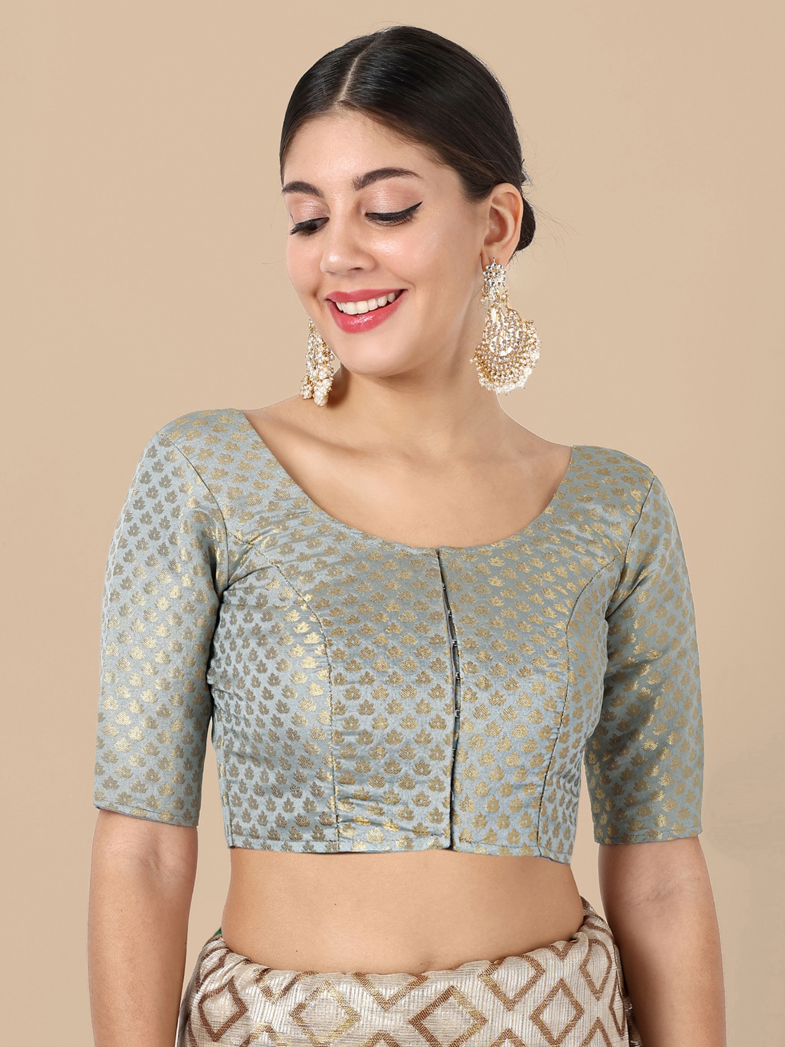 Grey Banarasi Silk Jacquard Readymade Blouse